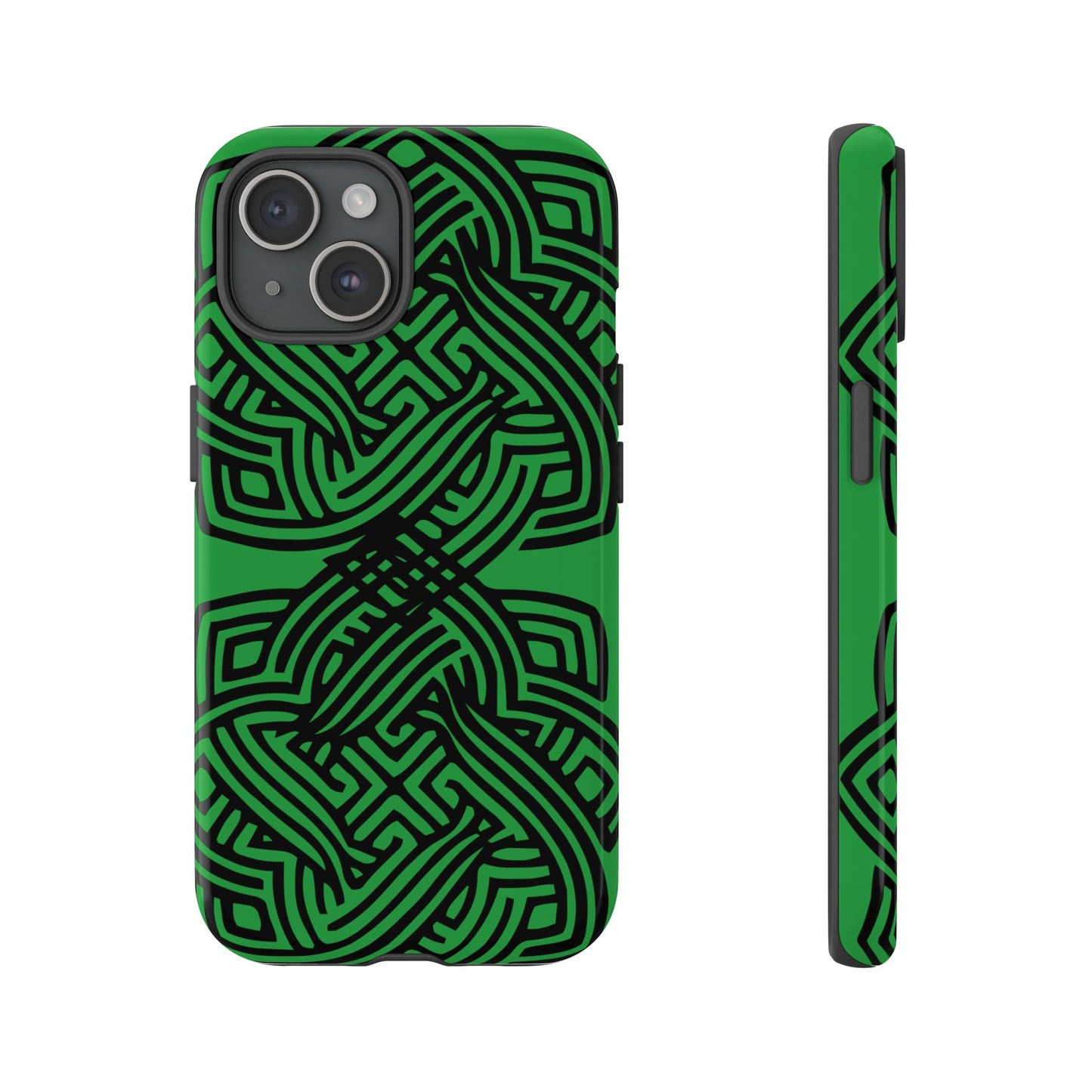 Tough Case Celtic Knot Green and Black Pattern Phone Cover Compatible with iPhone 17, 16, 15, 14, 13, Galaxy, Google, Irish Heritage Design