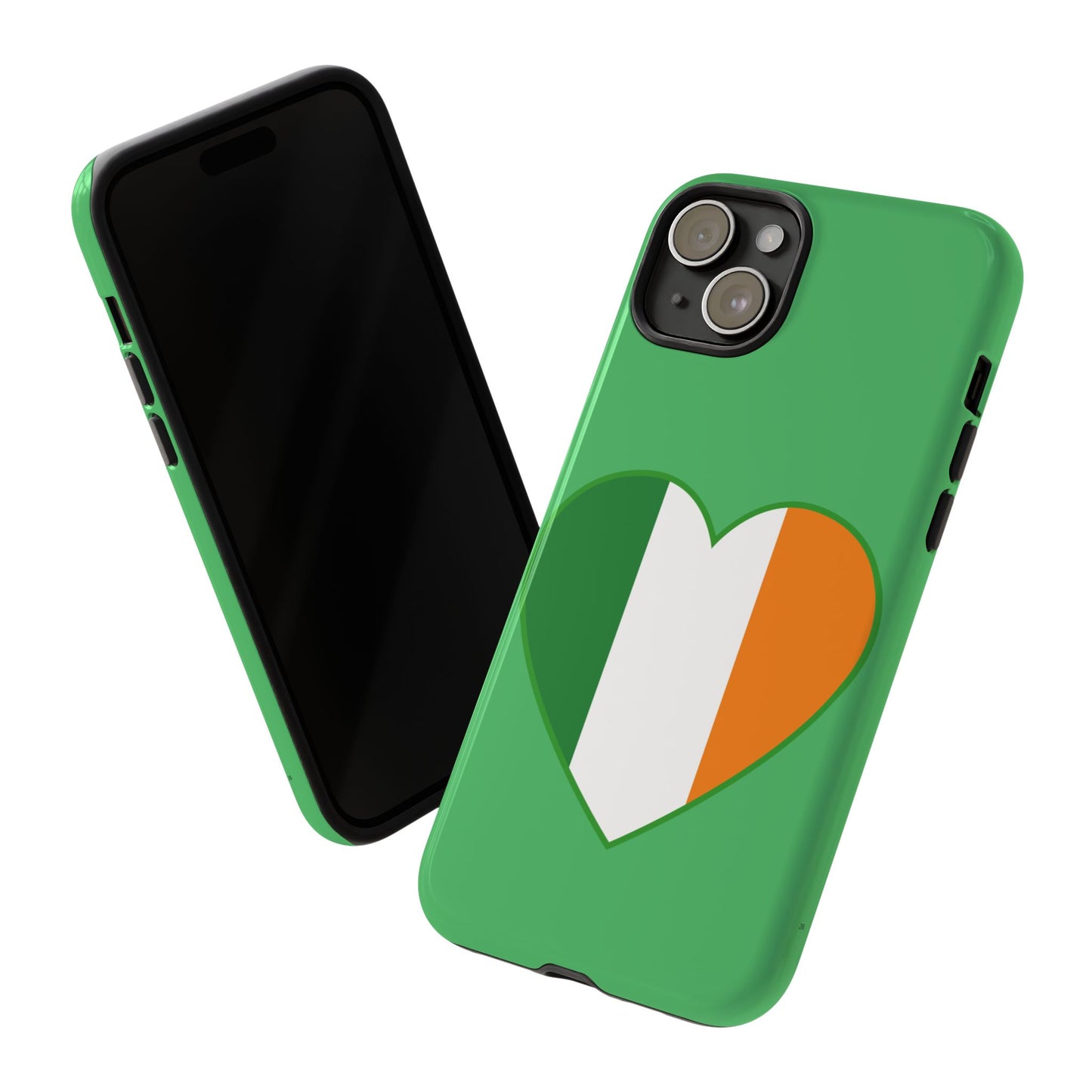 Tough Case Ireland Heart Flag Design Phone Cover Compatible with iPhone 17, 16, 15, 14, 13, Galaxy, Google, Green White Orange Irish Art