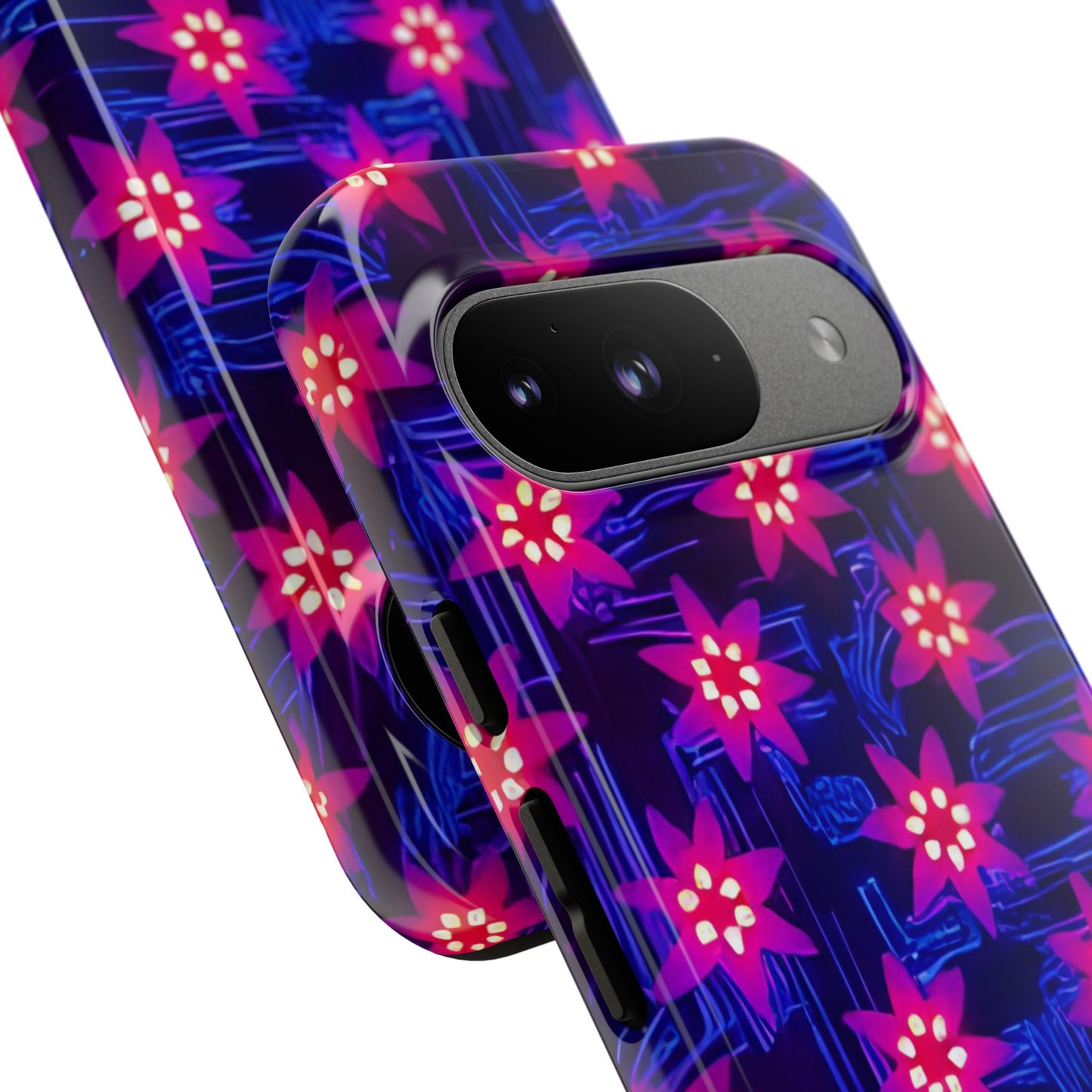 Neon Flower Tough Phone Case - Trippy Dark Floral Art, Electric Glow Aesthetic, Compatible with iPhone, Galaxy, and Google Phones