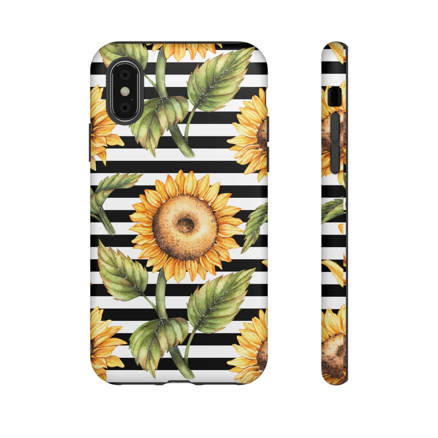 Sunflower Tough Phone Case - Bold Yellow Floral Art, Black and White Striped Aesthetic, Compatible with iPhone, Galaxy, and Google Phones
