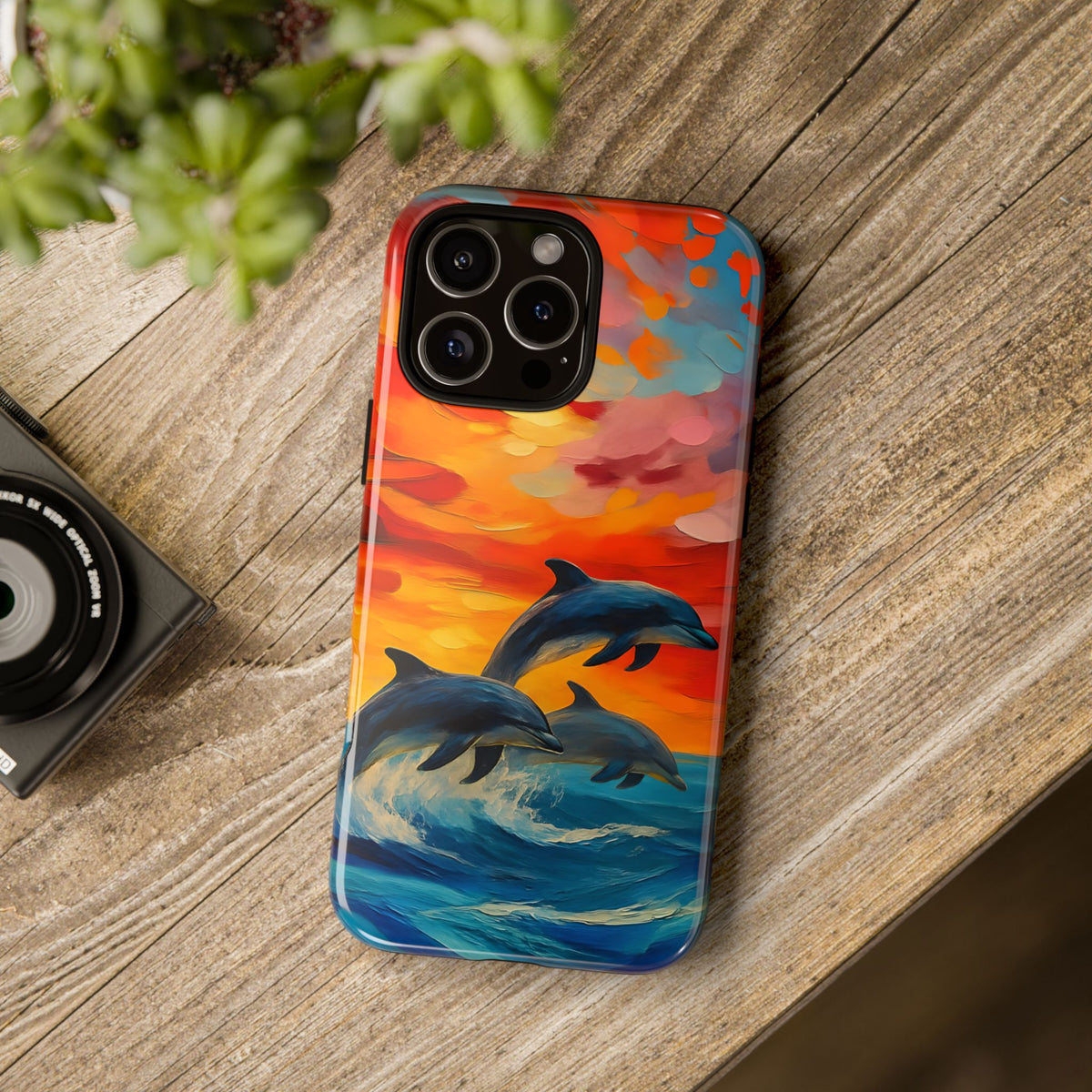 Ocean Scenery Tough Phone Case, Dolphin Phone Cover, Oil Painting, Sunset Sea Life Compatible with iPhone, Galaxy, Google