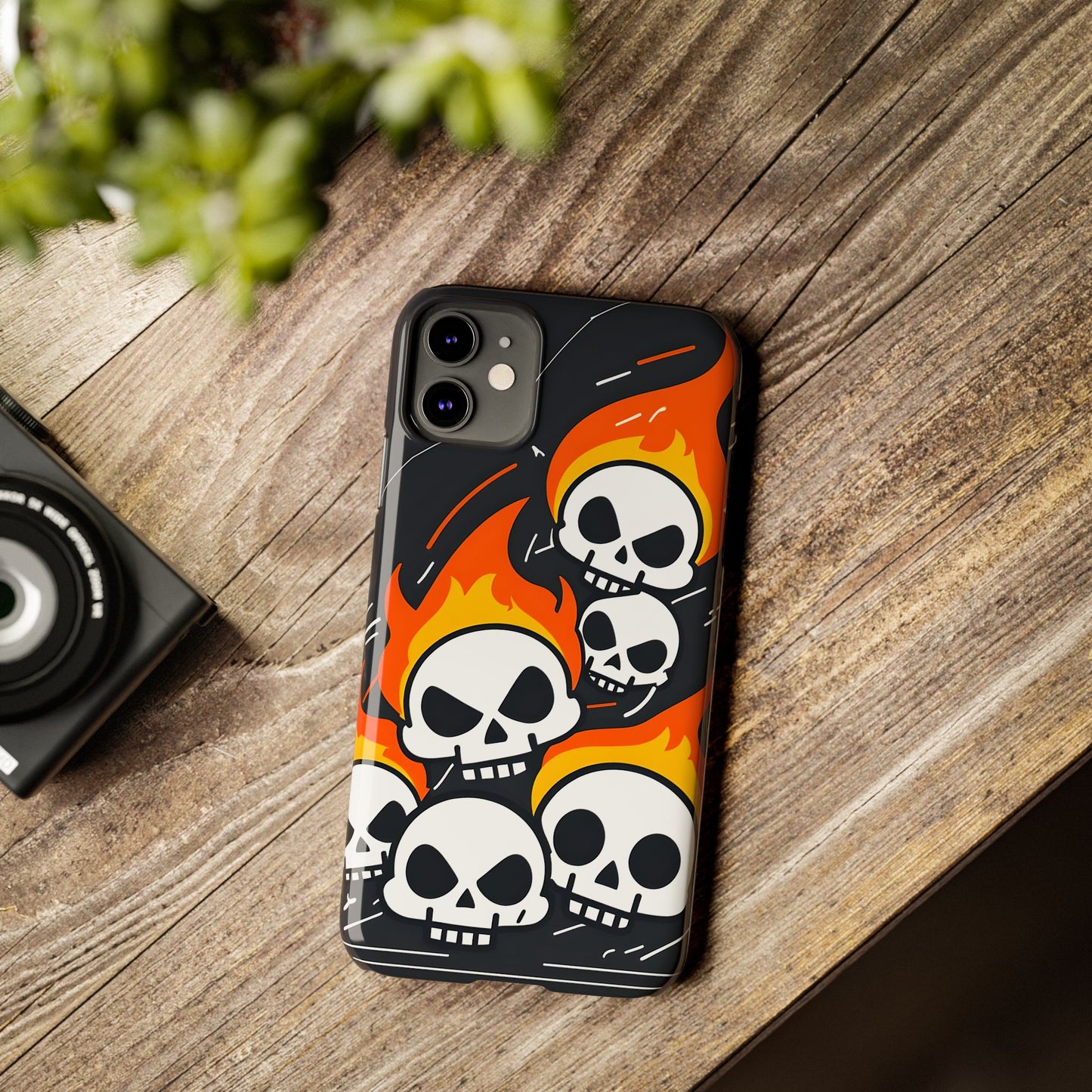 Flaming Skulls Slim Phone Case, Y2K Alt Halloween Aesthetic, Creepy Cute Cartoon Style, Stylish Music Lovers, Perfect Gift for Halloween