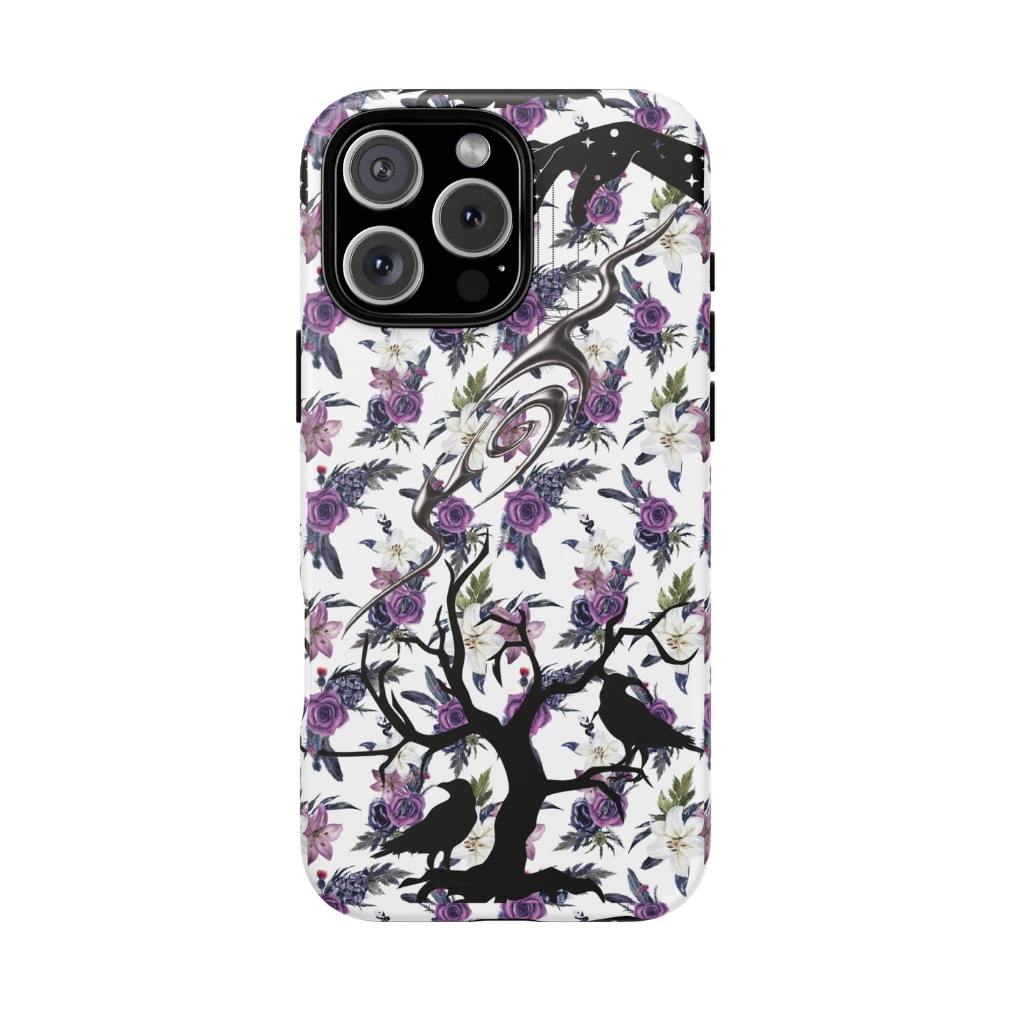 Gothic Floral Phone Case, Raven Crow Dark Tree Purple Rose Lily Design, Compatible with iPhone, Galaxy, Pixel, Witchy Gift, Spooky Vibes