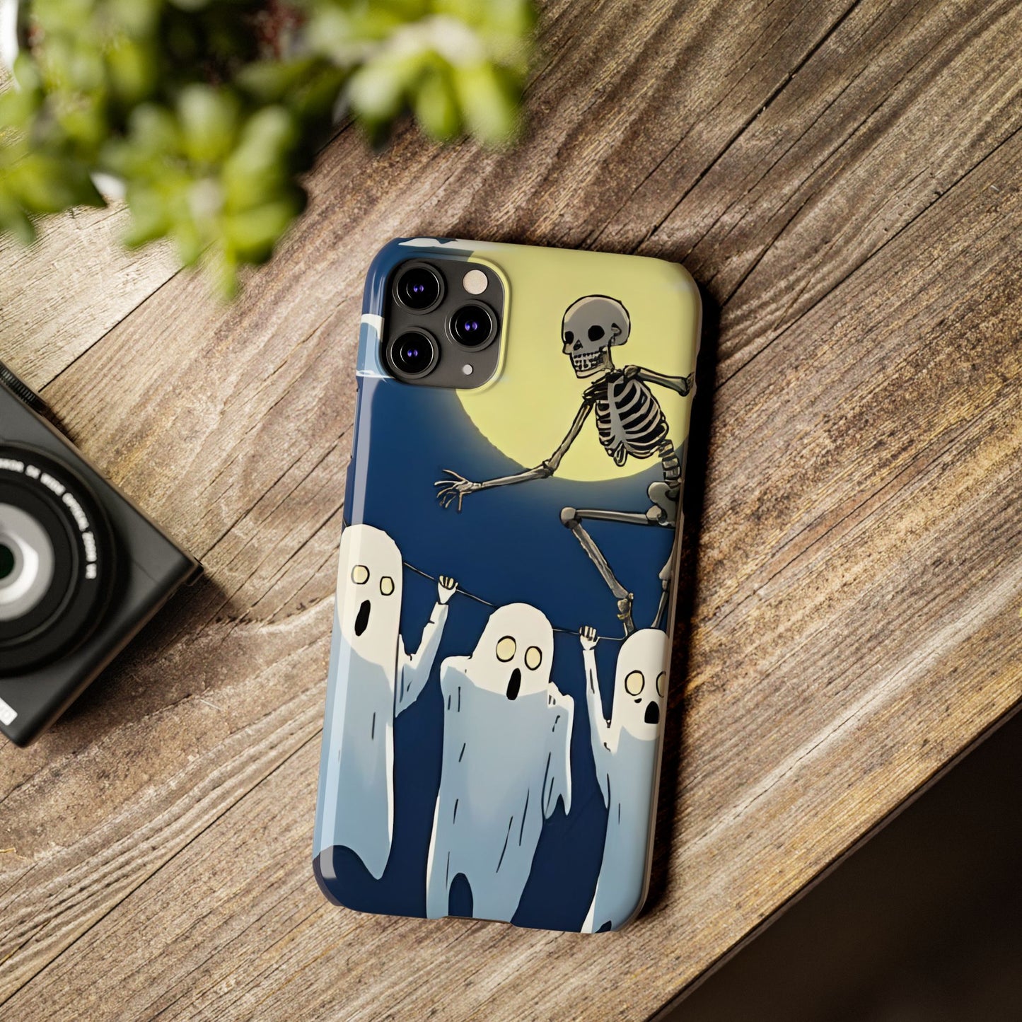 Jumping Skeleton Slim Phone Case - Halloween Aesthetic, Creepy Cute Ghost Cartoon Style, Compatible with iPhone, Galaxy, and Google Phones