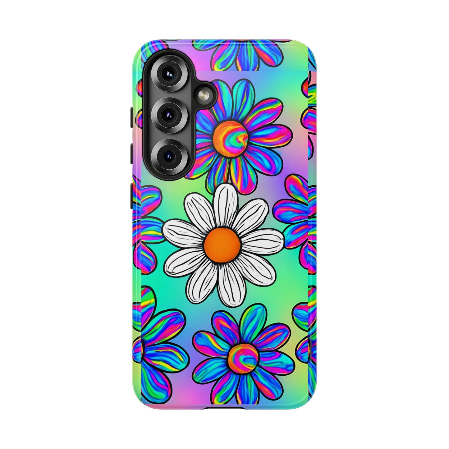 Trippy Daisy Tough Phone Case - Psychedelic Floral Design, Colorful Retro Aesthetic, Compatible with iPhone, Galaxy, and Google Phones