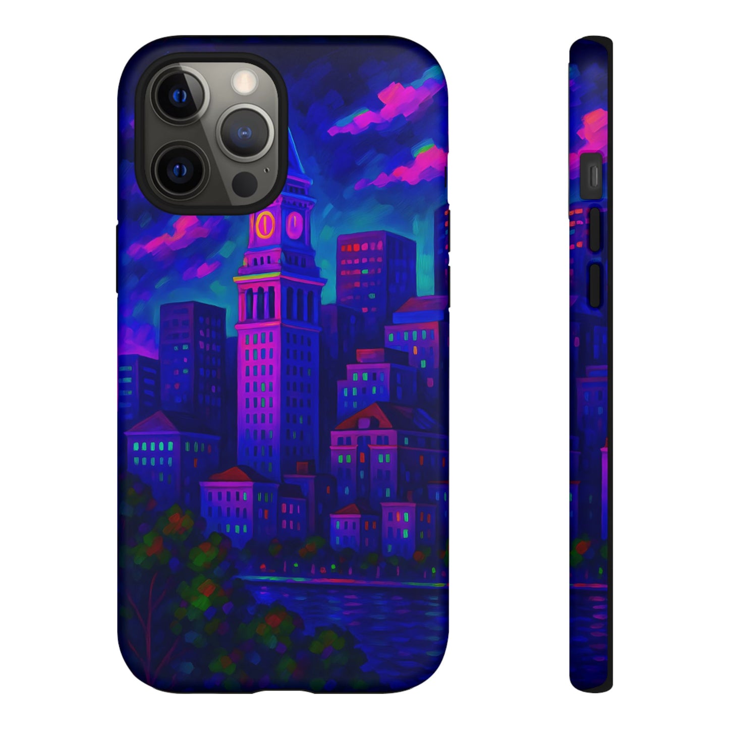 Boston Cityscape Tough Phone Case, Neon Night Skyline, Sunset Tower View Watercolor Urban Art, Compatible with iPhone, Galaxy, Google Phones