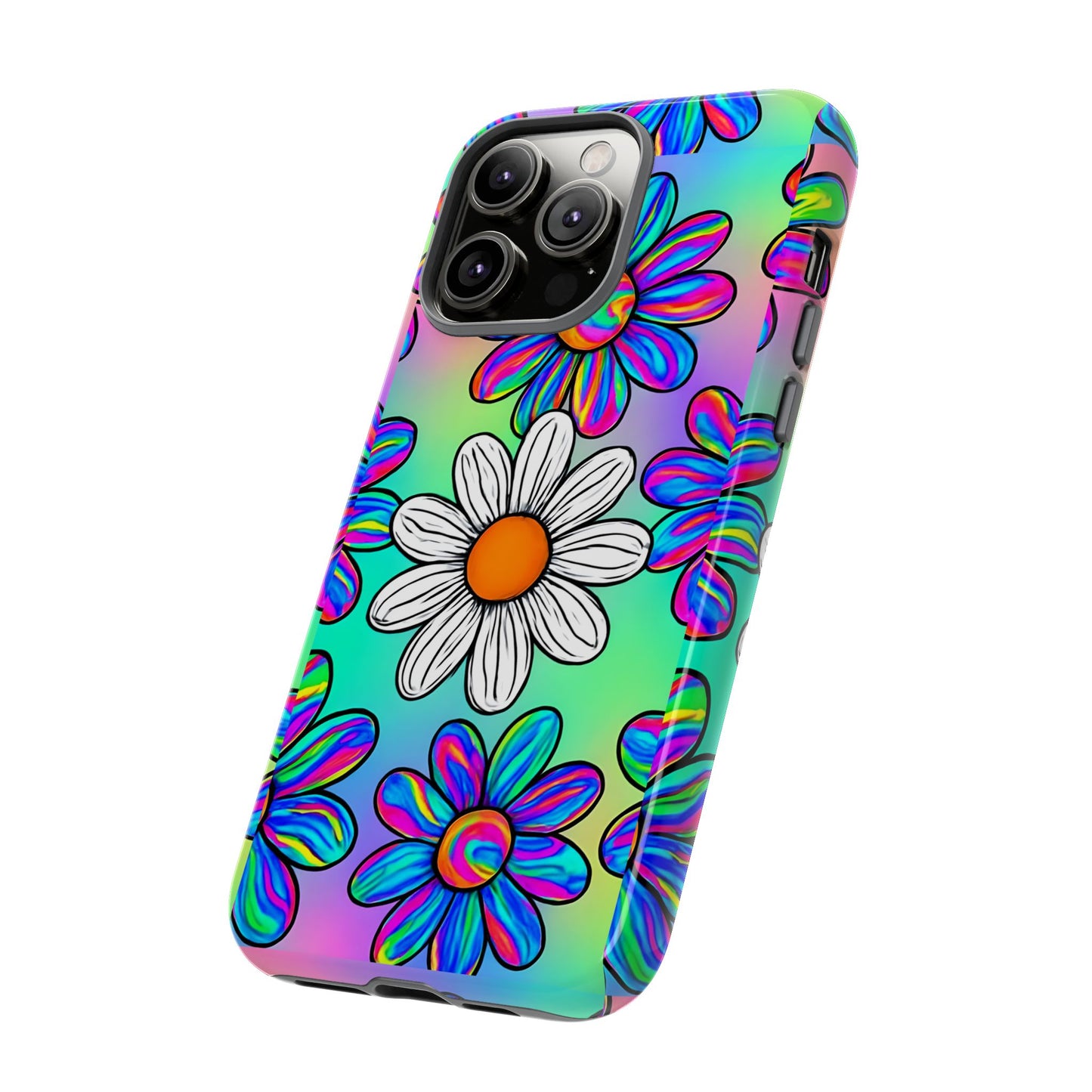 Trippy Daisy Tough Phone Case - Psychedelic Floral Design, Colorful Retro Aesthetic, Compatible with iPhone, Galaxy, and Google Phones
