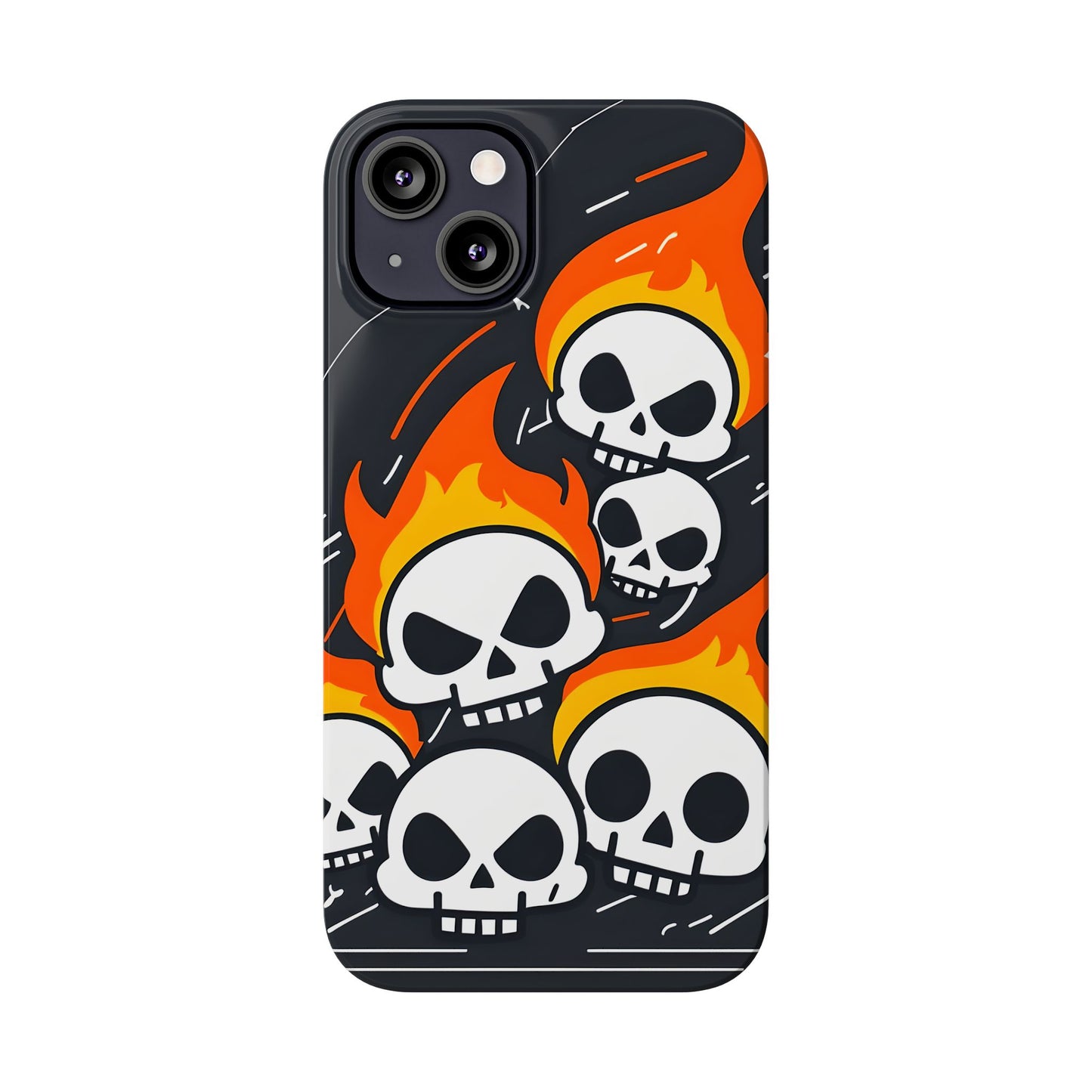 Flaming Skulls Slim Phone Case, Y2K Alt Halloween Aesthetic, Creepy Cute Cartoon Style, Stylish Music Lovers, Perfect Gift for Halloween