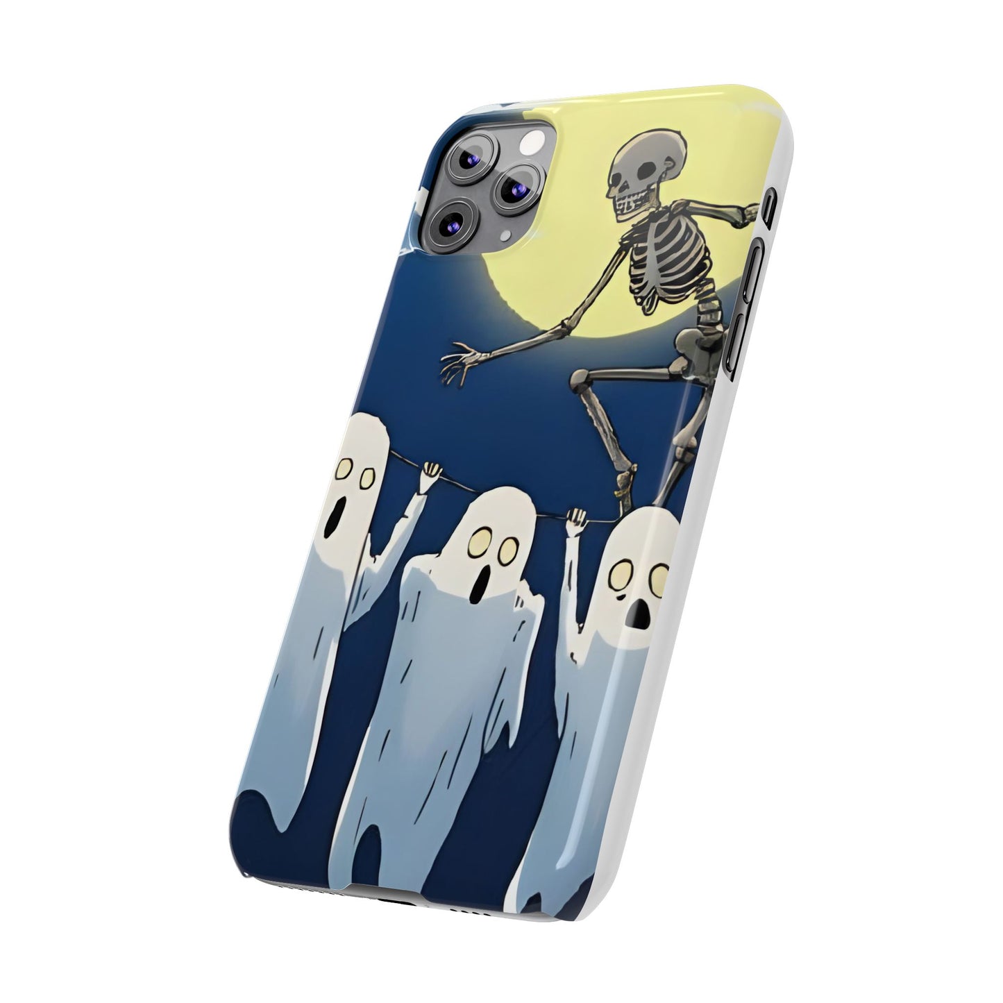 Jumping Skeleton Slim Phone Case - Halloween Aesthetic, Creepy Cute Ghost Cartoon Style, Compatible with iPhone, Galaxy, and Google Phones