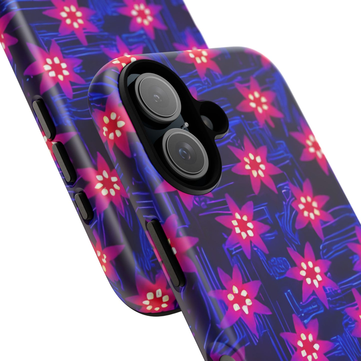 Neon Flower Tough Phone Case - Trippy Dark Floral Art, Electric Glow Aesthetic, Compatible with iPhone, Galaxy, and Google Phones