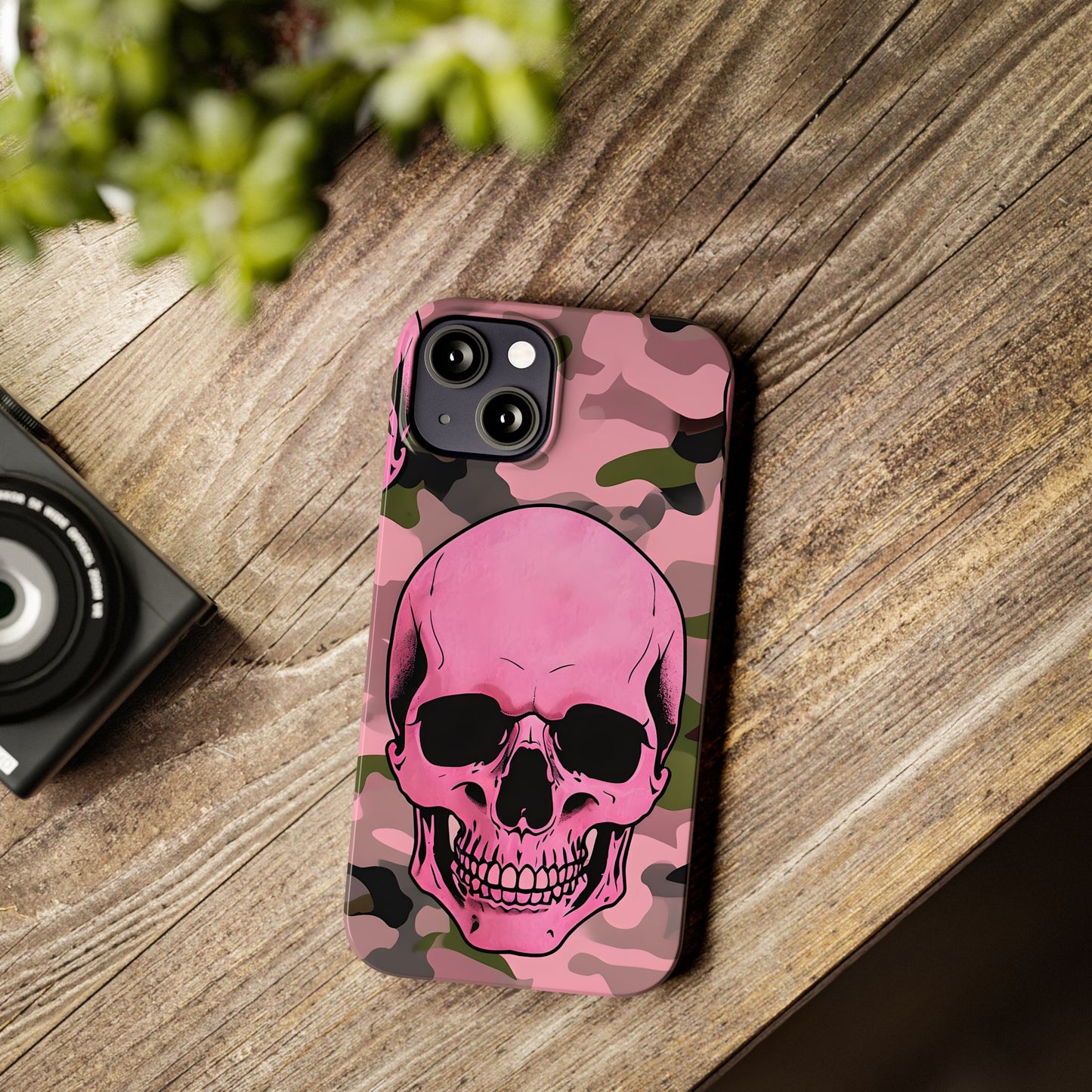Pink Camo Skull Phone Case, Slim Case for iPhone, Edgy Phone Accessory, Unique Gift for Her, Trendy Tech Lover