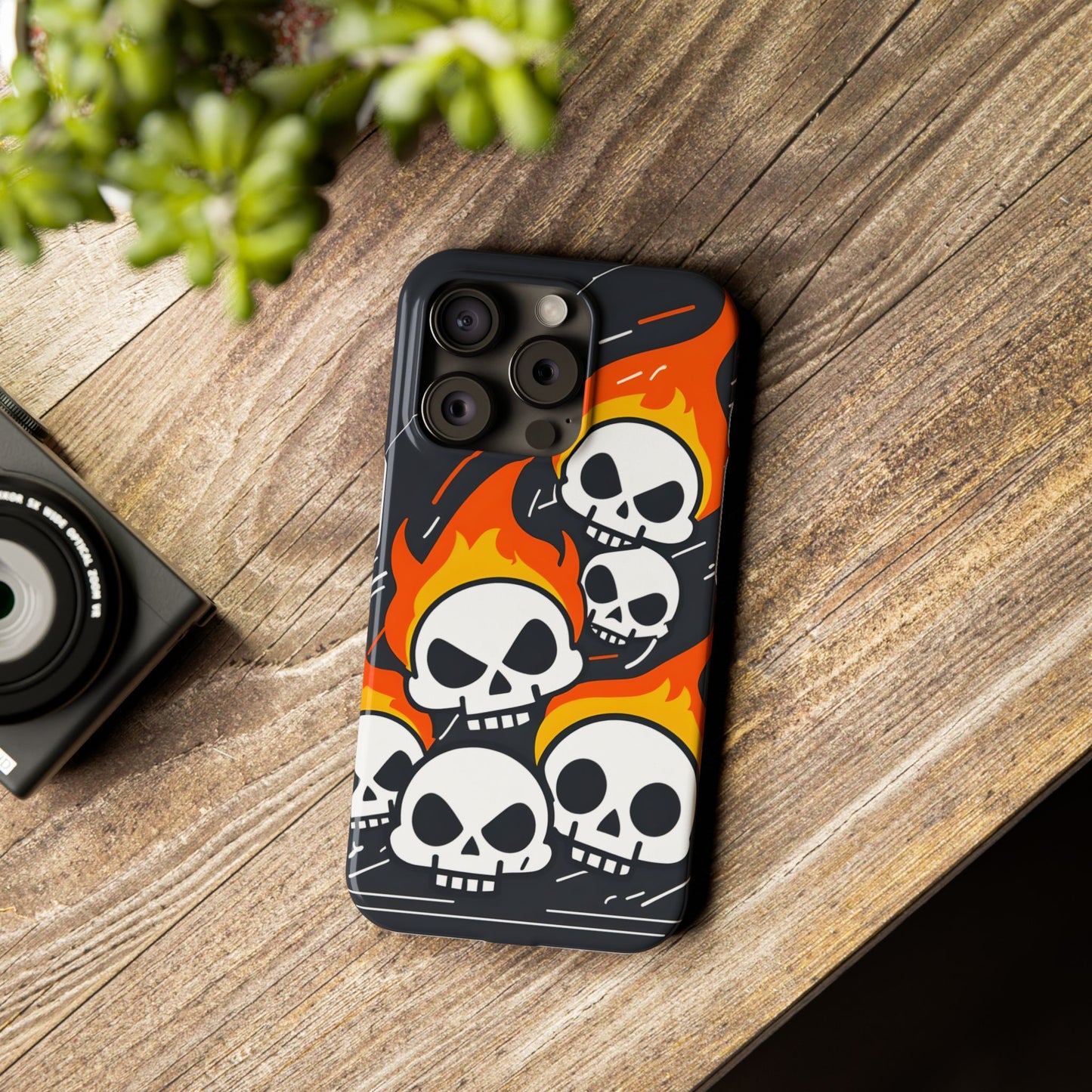 Flaming Skulls Slim Phone Case, Y2K Alt Halloween Aesthetic, Creepy Cute Cartoon Style, Stylish Music Lovers, Perfect Gift for Halloween