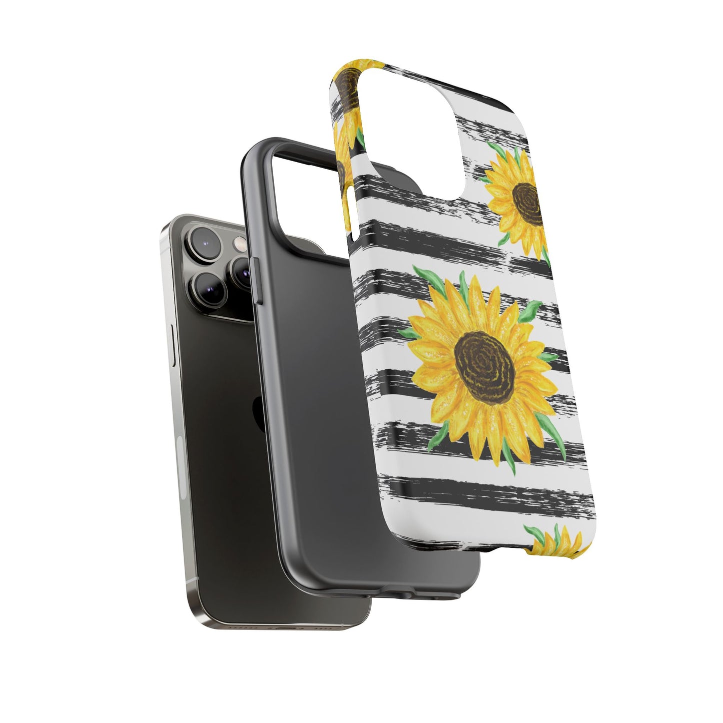 Sunflower Tough Phone Case - Bright Yellow Floral Art, Black and White Striped Aesthetic, Compatible with iPhone, Galaxy, and Google Phones