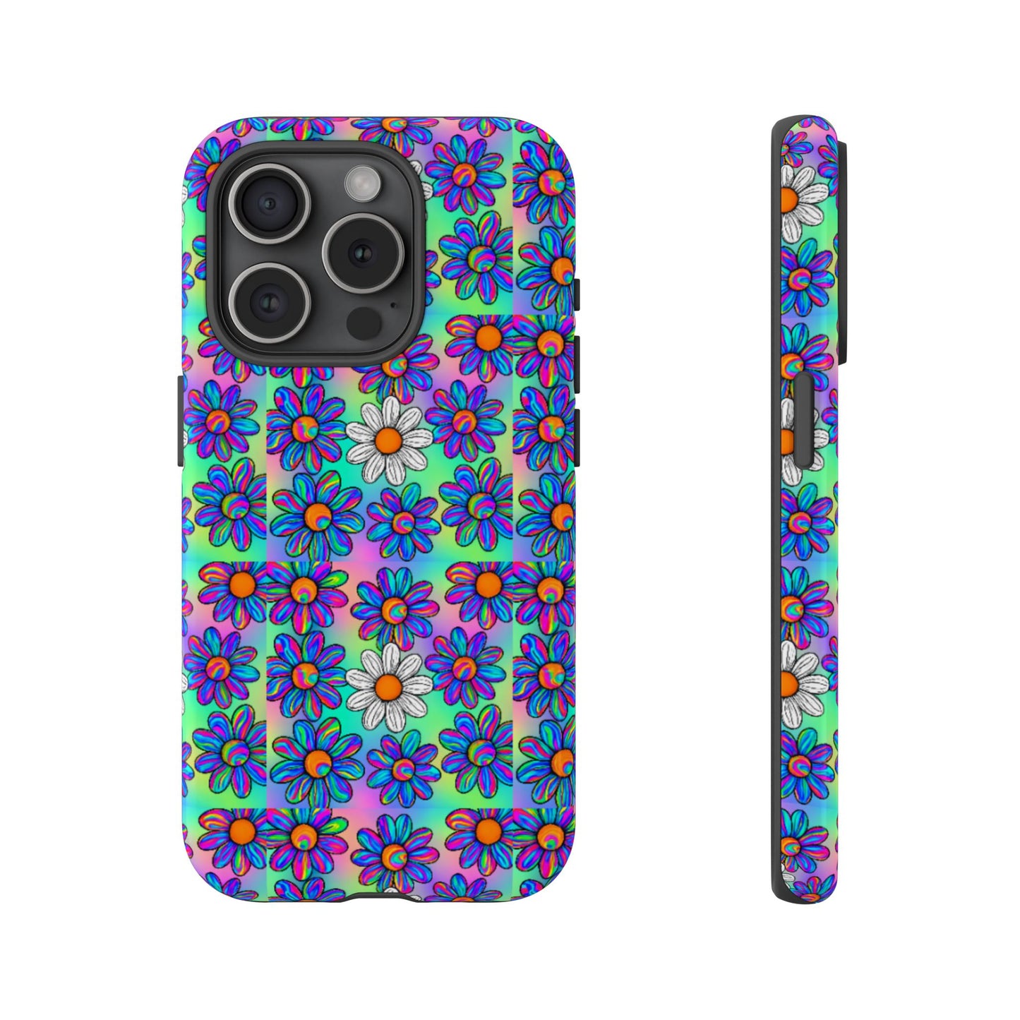 Trippy Daisy Tough Phone Case - Psychedelic Floral Aesthetic, Colorful Groovy Design, Compatible with iPhone, Galaxy, and Google Phones