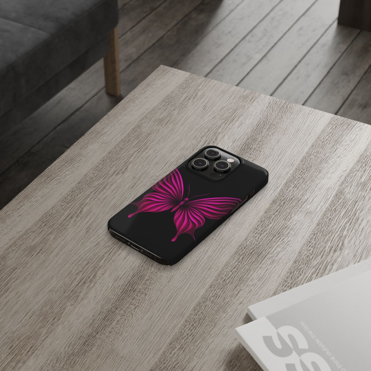 Pink Butterfly Phone Case, Elegant Insect Art, Black Aesthetic Slim Phone Case Compatible with iPhone, Galaxy, Google