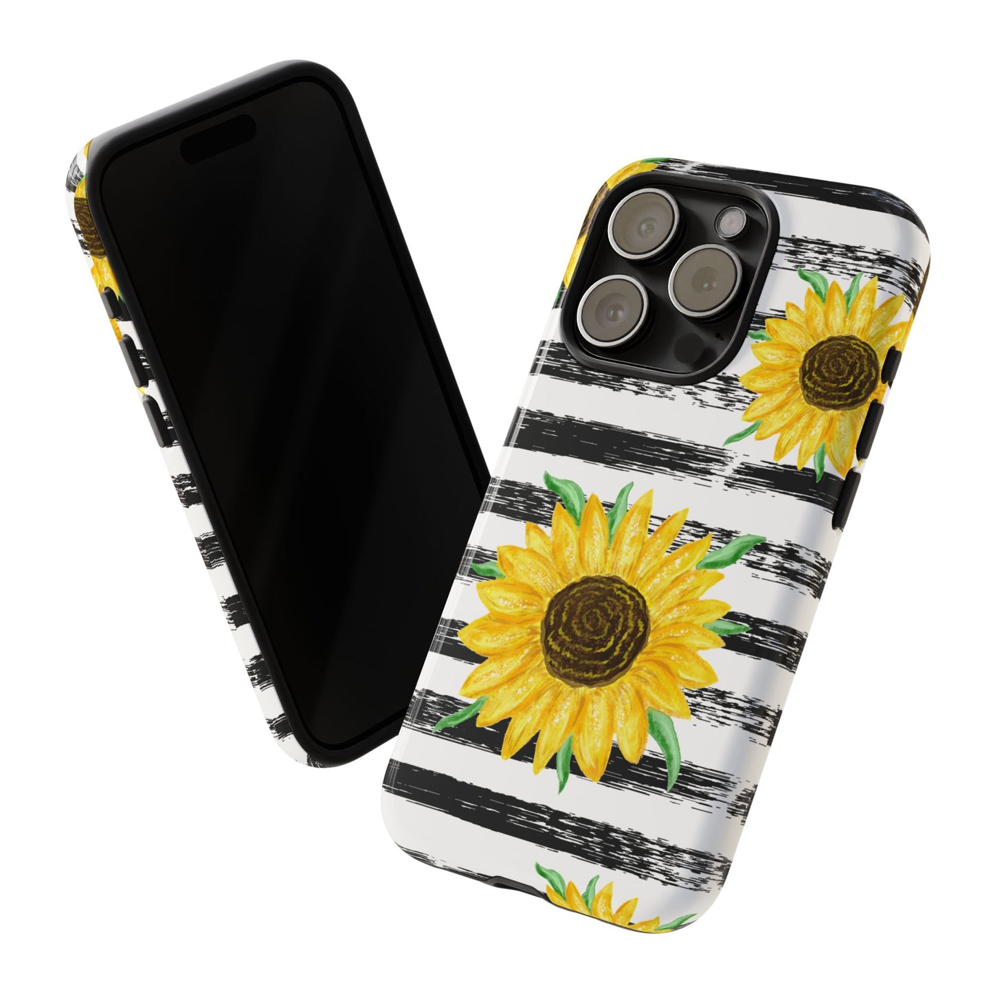 Sunflower Tough Phone Case - Bright Yellow Floral Art, Black and White Striped Aesthetic, Compatible with iPhone, Galaxy, and Google Phones
