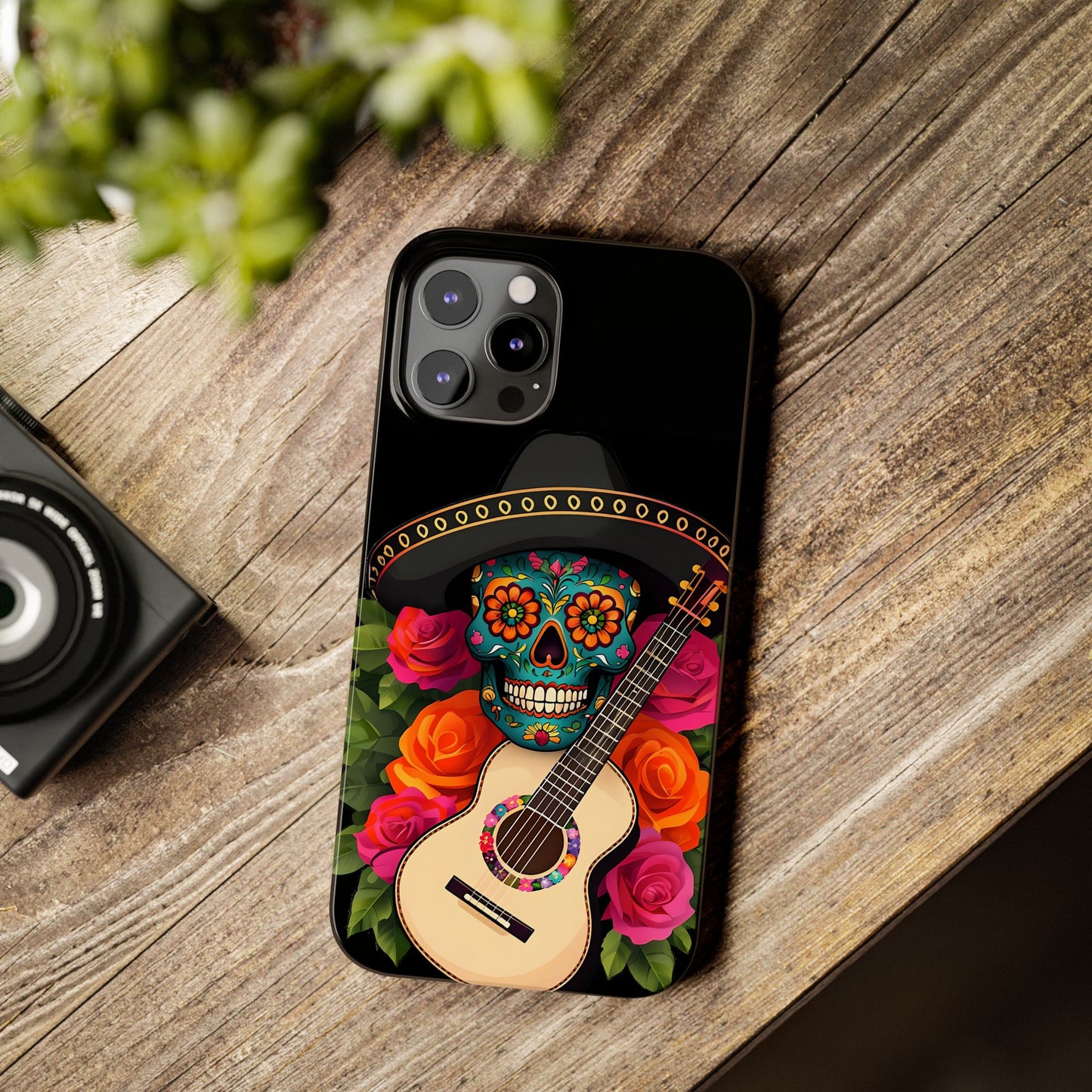 Mariachi Skull Slim Phone Case, Colorful Folk Aesthetic, Halloween Floral Skull Design, Gift for Mexican Culture Lovers