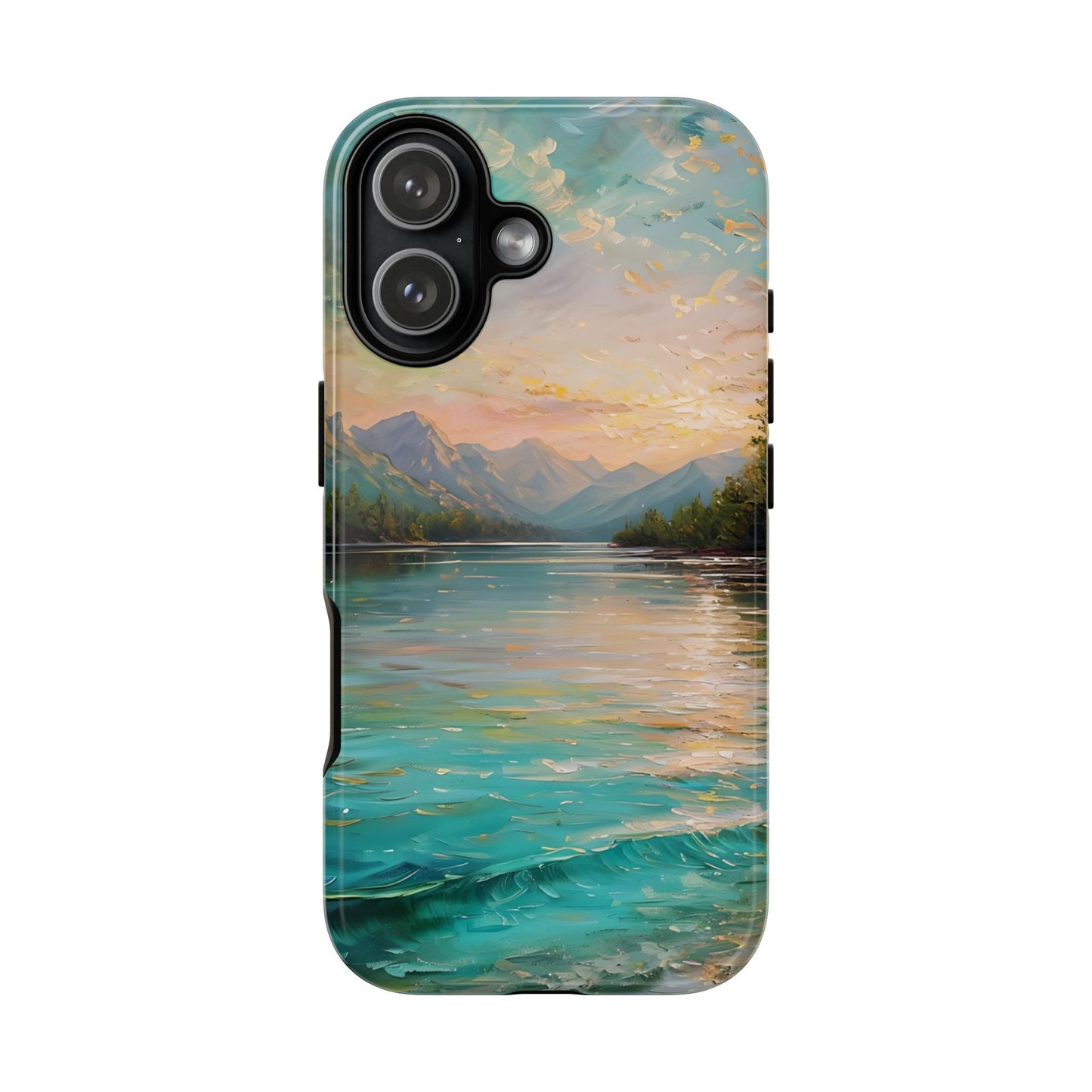 Mountain Lake Scenery Tough Phone Case, Oil Painting Phone Cover, Calm Water Scene Compatible with iPhone 17, 16, 15, 14, 13, Galaxy, Google