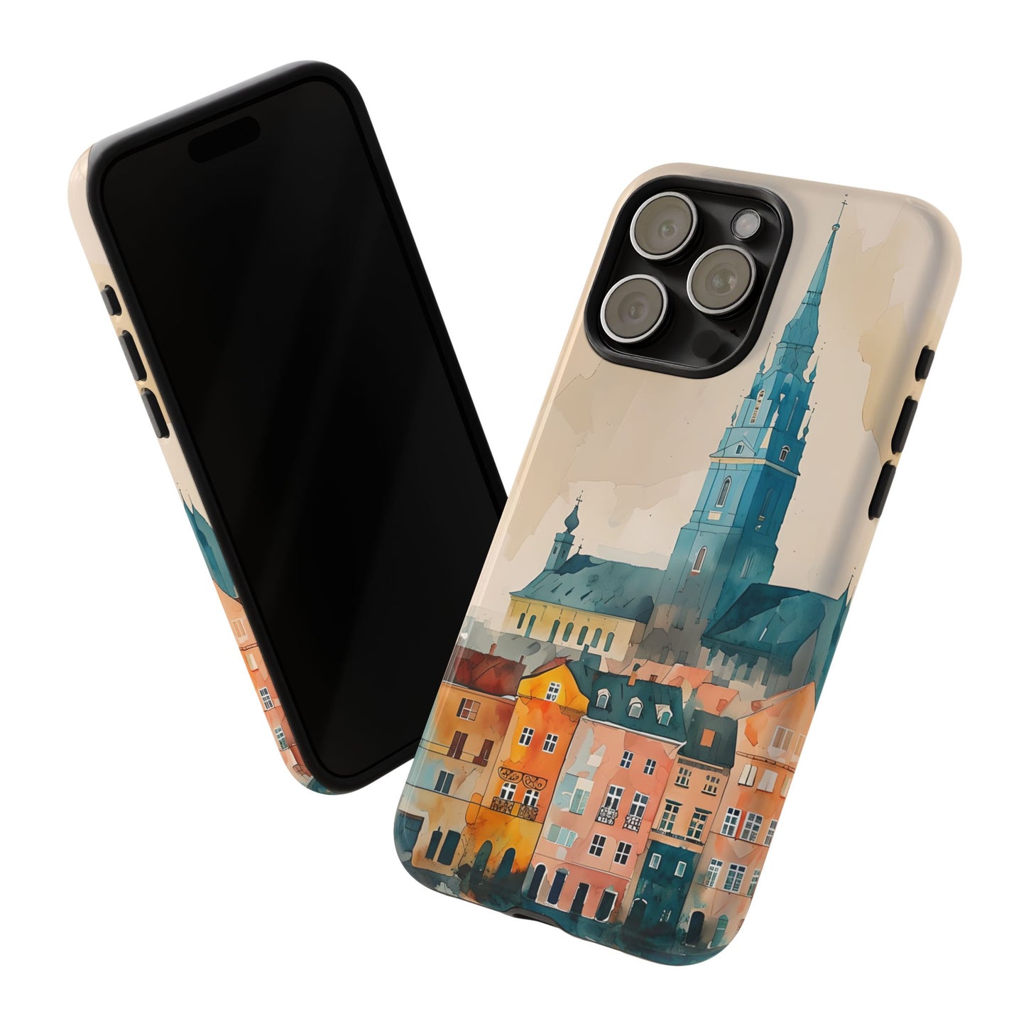 Cityscape Tough Phone Case, Riga Latvia Skyline Art, Watercolor Day Design Compatible with iPhone, Galaxy, and Google