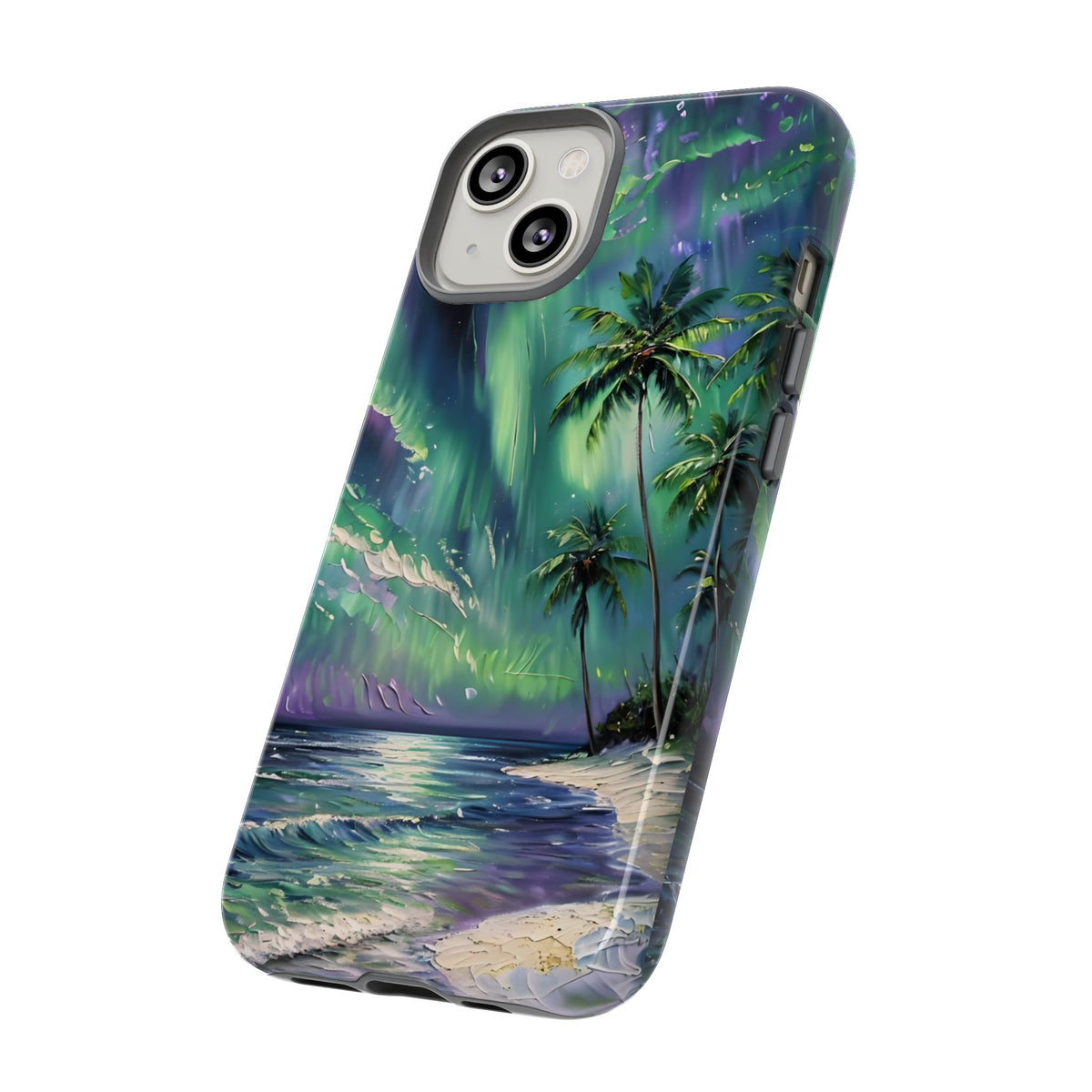Tropical Beach Scenery Tough Phone Case, Oil Painting, Northern Lights Compatible with iPhone 17, 16, 15, 14, 13, Galaxy, Google