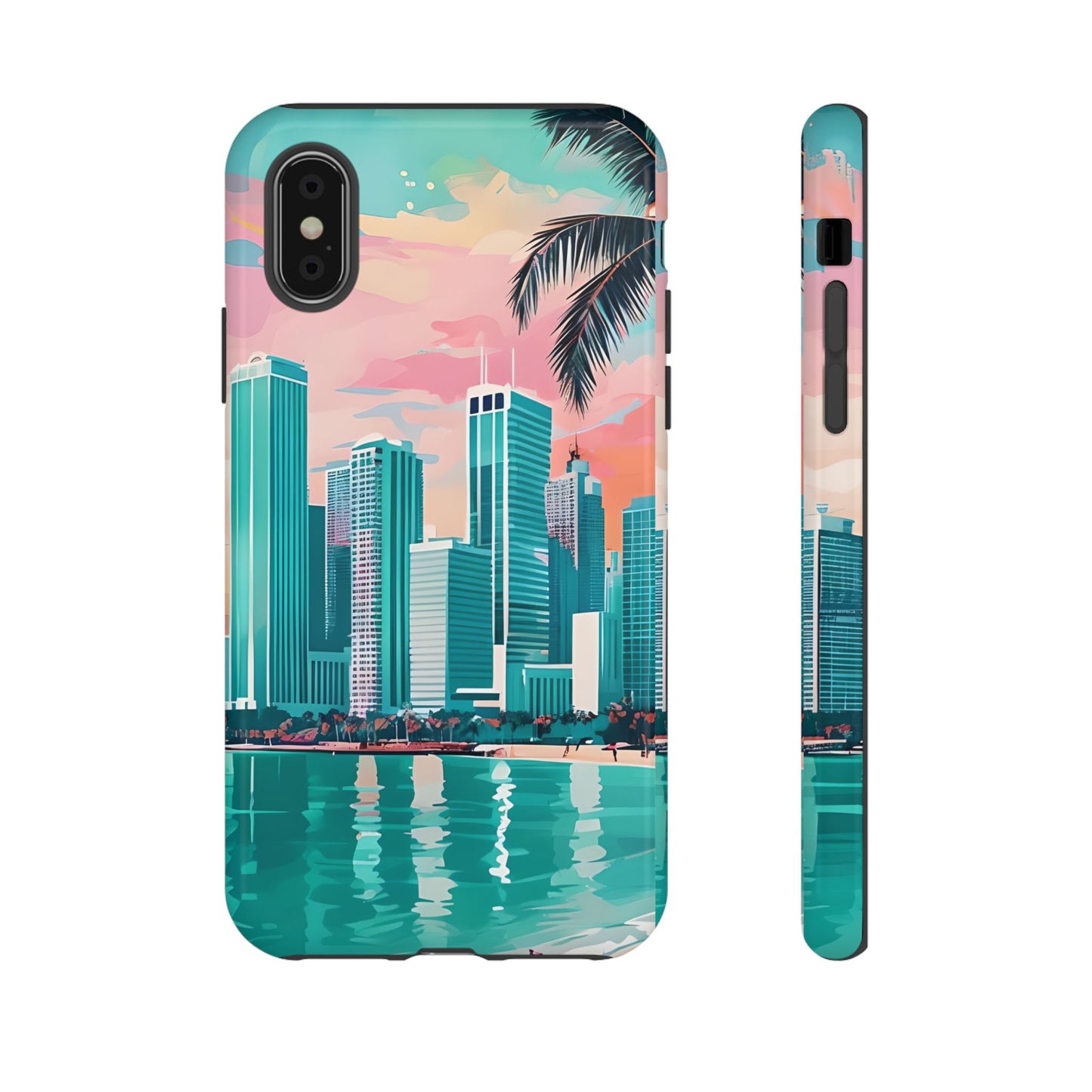 Miami Cityscape Phone Case - Tropical Skyline Tough Case, Sunset Beach Urban Art, Gift for Travelers Compatible with iPhone, Galaxy, Google