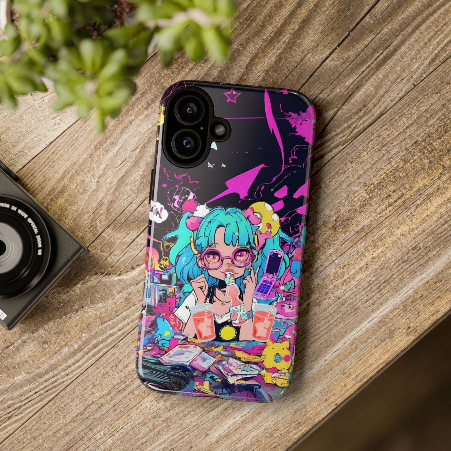 Y2K Anime Girl Tough Phone Case - Kawaii Vaporwave Style, Cute Maximalist Aesthetic, Compatible with iPhone, Galaxy, and Google Phones