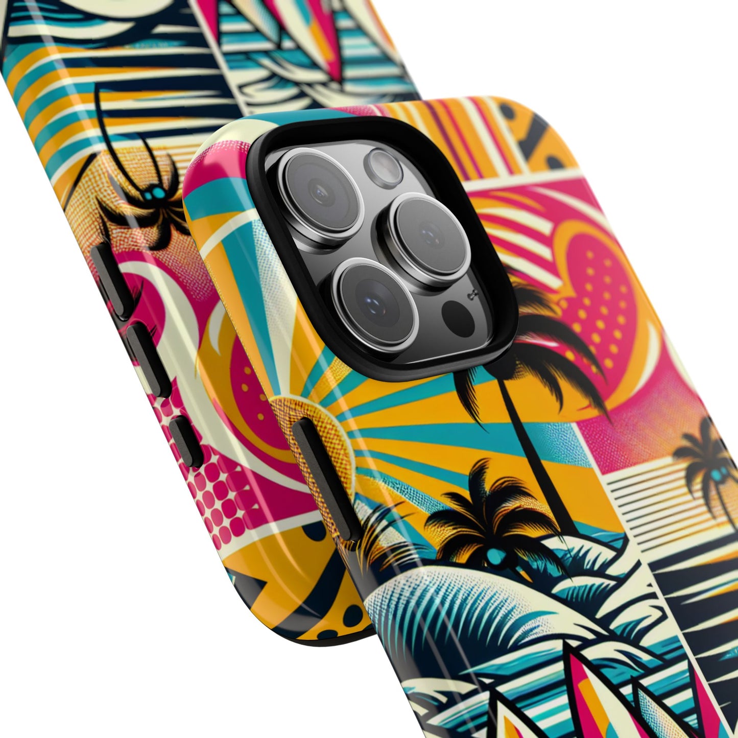 Surf Pop Phone Case - Colorful Retro Beach Vibe with Palm Trees and Surfboard compatible with iPhone, Samsung Galaxy and Pixel Summer Cover