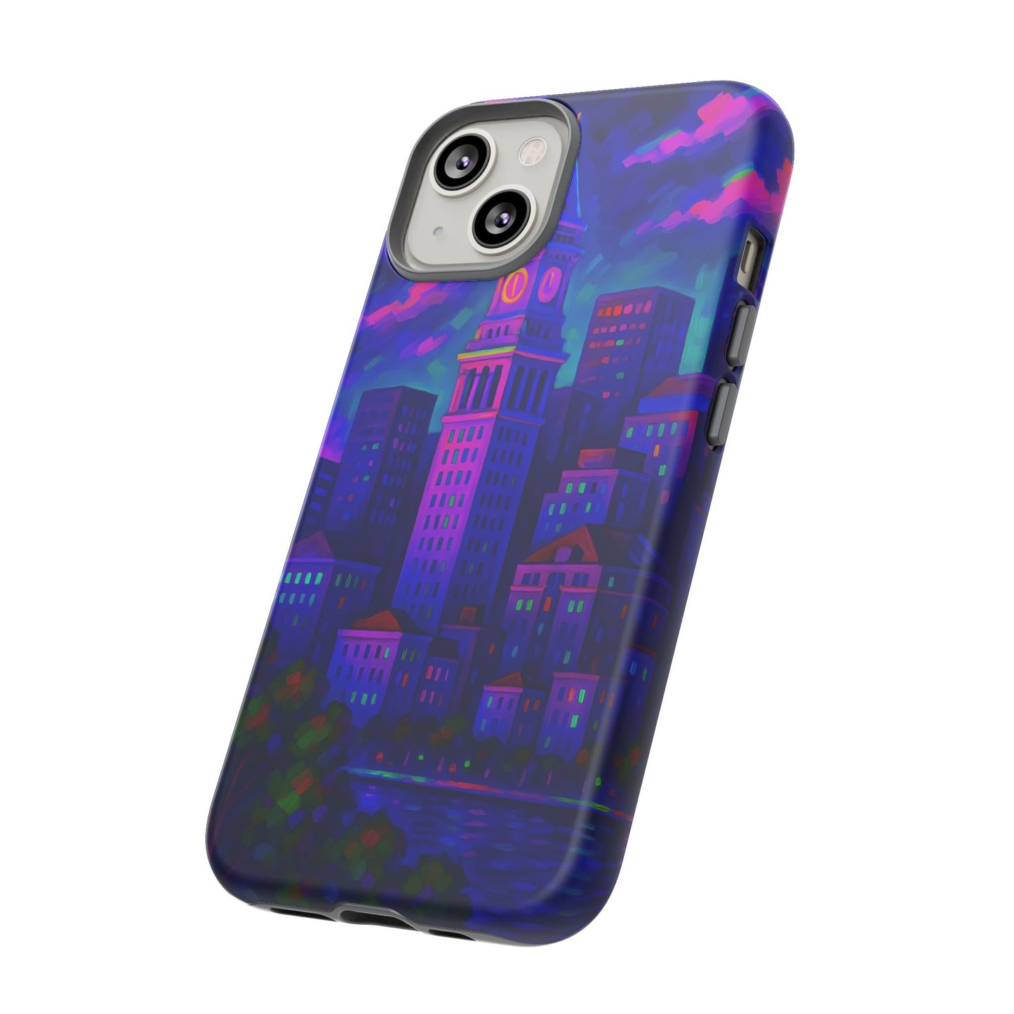 Boston Cityscape Tough Phone Case, Neon Night Skyline, Sunset Tower View Watercolor Urban Art, Compatible with iPhone, Galaxy, Google Phones