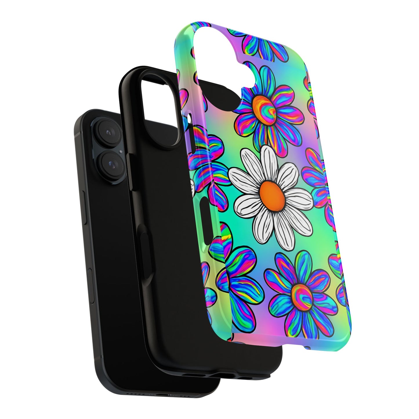 Trippy Daisy Tough Phone Case - Psychedelic Floral Design, Colorful Retro Aesthetic, Compatible with iPhone, Galaxy, and Google Phones