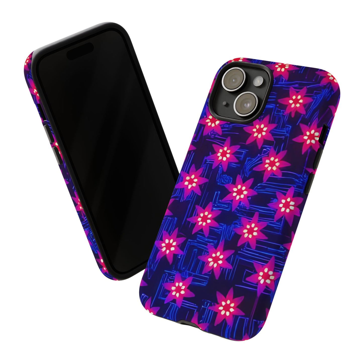 Neon Flower Tough Phone Case - Trippy Dark Floral Art, Electric Glow Aesthetic, Compatible with iPhone, Galaxy, and Google Phones