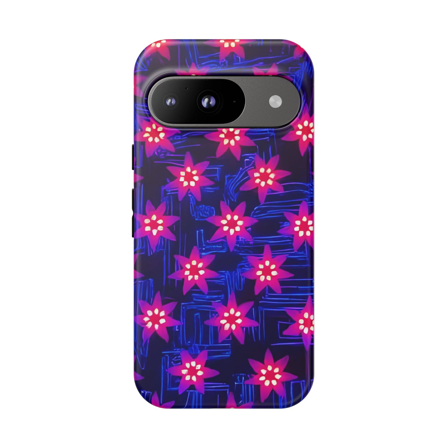 Neon Flower Tough Phone Case - Trippy Dark Floral Art, Electric Glow Aesthetic, Compatible with iPhone, Galaxy, and Google Phones
