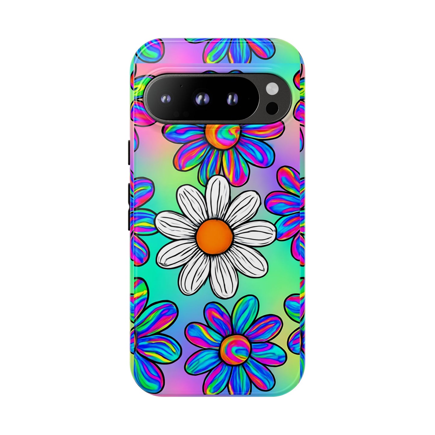 Trippy Daisy Tough Phone Case - Psychedelic Floral Design, Colorful Retro Aesthetic, Compatible with iPhone, Galaxy, and Google Phones