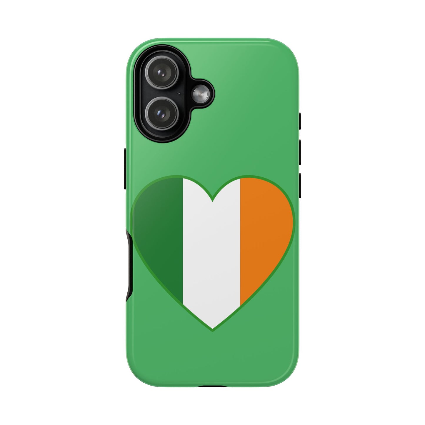 Tough Case Ireland Heart Flag Design Phone Cover Compatible with iPhone 17, 16, 15, 14, 13, Galaxy, Google, Green White Orange Irish Art