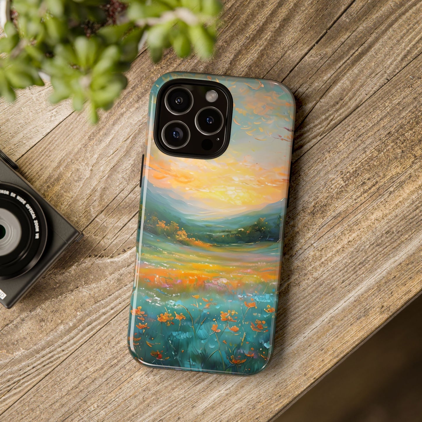 Wildflower Meadow Scenery Tough Phone Case, Oil Painting, Mountain Sunrise Compatible with iPhone 17, 16, 15, 14, 13, Galaxy, Google