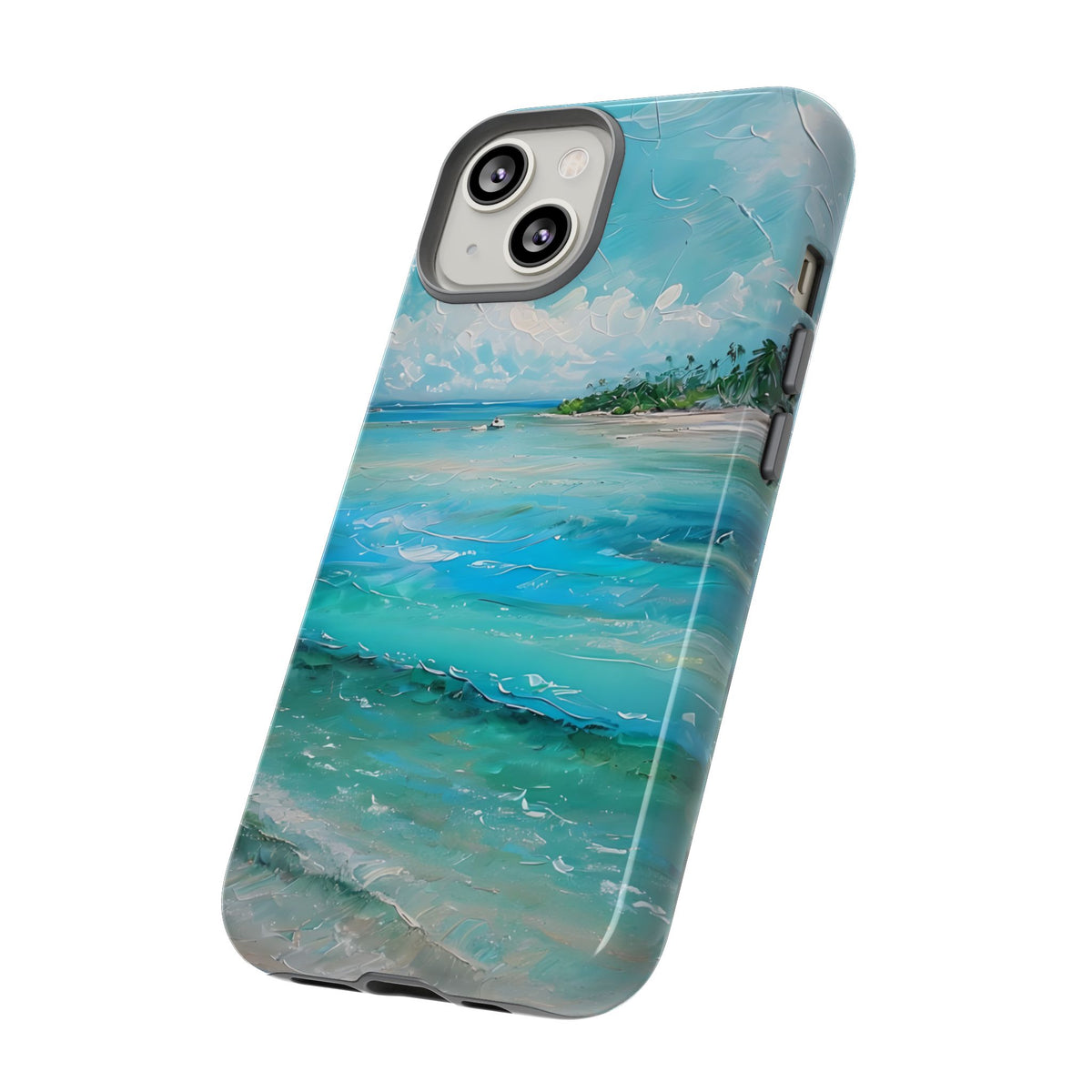 Tropical Beach Scenery Tough Phone Case, Oil Painting Phone Cover, Turquoise Ocean Compatible with iPhone 17, 16, 15, 14, 13, Galaxy, Google