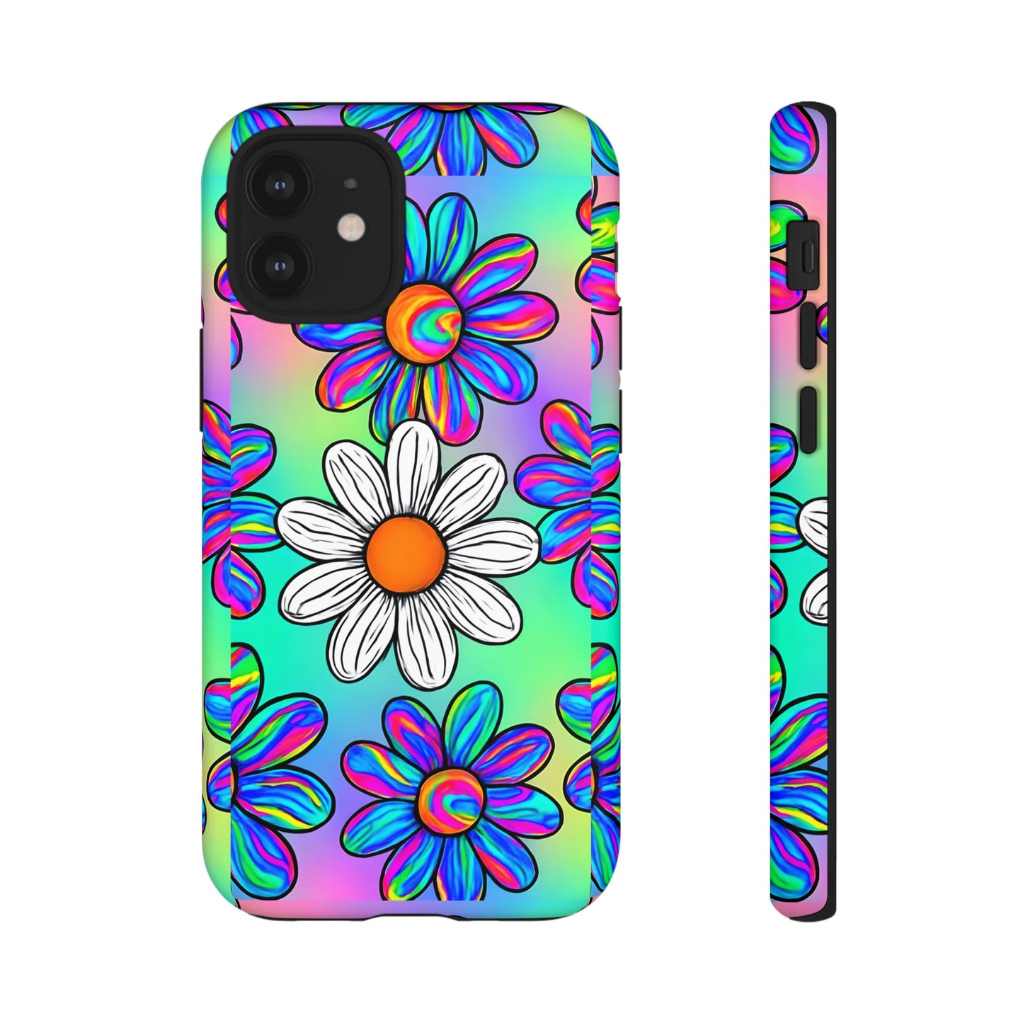 Trippy Daisy Tough Phone Case - Psychedelic Floral Design, Colorful Retro Aesthetic, Compatible with iPhone, Galaxy, and Google Phones