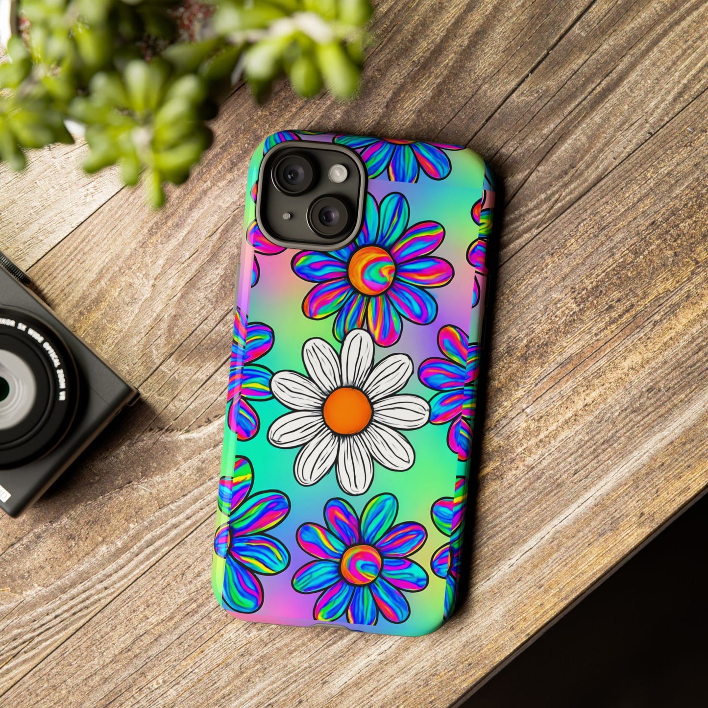 Trippy Daisy Tough Phone Case - Psychedelic Floral Design, Colorful Retro Aesthetic, Compatible with iPhone, Galaxy, and Google Phones