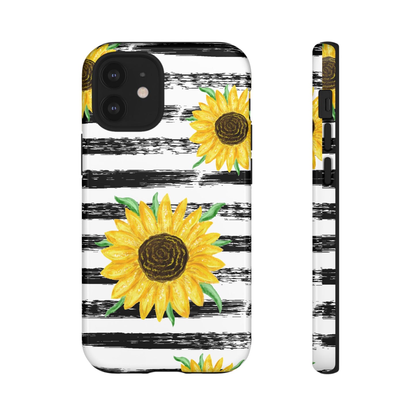 Sunflower Tough Phone Case - Bright Yellow Floral Art, Black and White Striped Aesthetic, Compatible with iPhone, Galaxy, and Google Phones