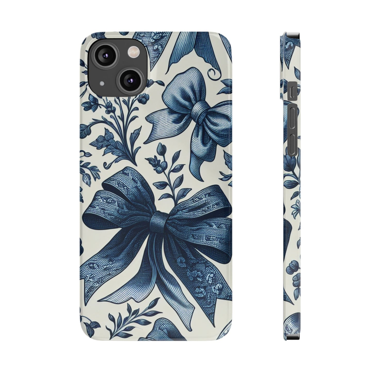 Elegant Floral Bow Slim Phone Case, Blue Flower Phone Cover, Gift for Her, Stylish Tech Accessory, Wedding Gift, Floral Design