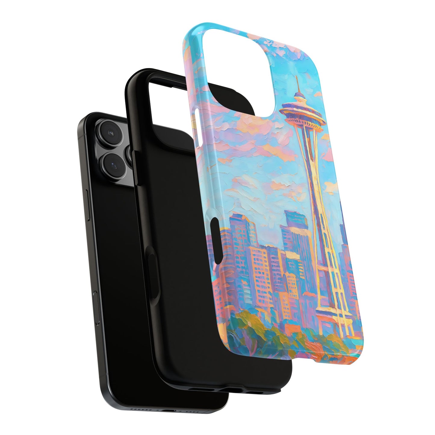 Cityscape Tough Phone Case, Seattle Skyline Art, Watercolor Day Design Compatible with iPhone, Galaxy, and Google