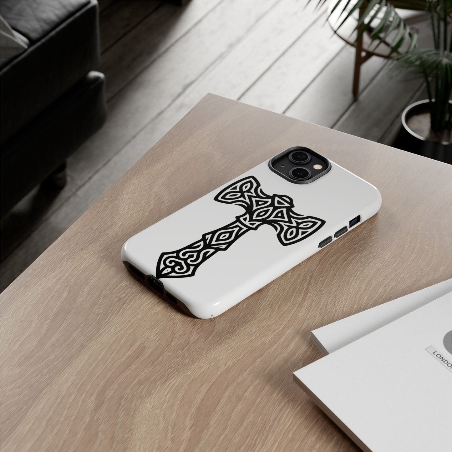 Tough Case Celtic Cross Black and White Design Phone Cover Compatible with iPhone 17, 16, 15, 14, 13, Galaxy, Google Irish Heritage Pattern