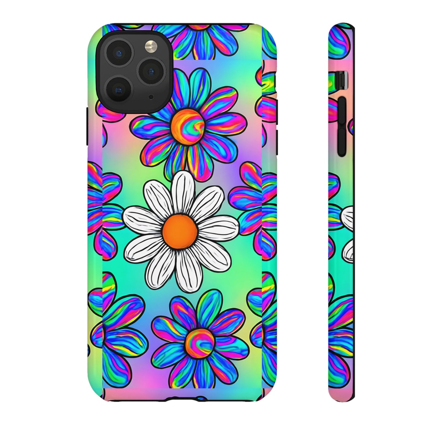 Trippy Daisy Tough Phone Case - Psychedelic Floral Design, Colorful Retro Aesthetic, Compatible with iPhone, Galaxy, and Google Phones