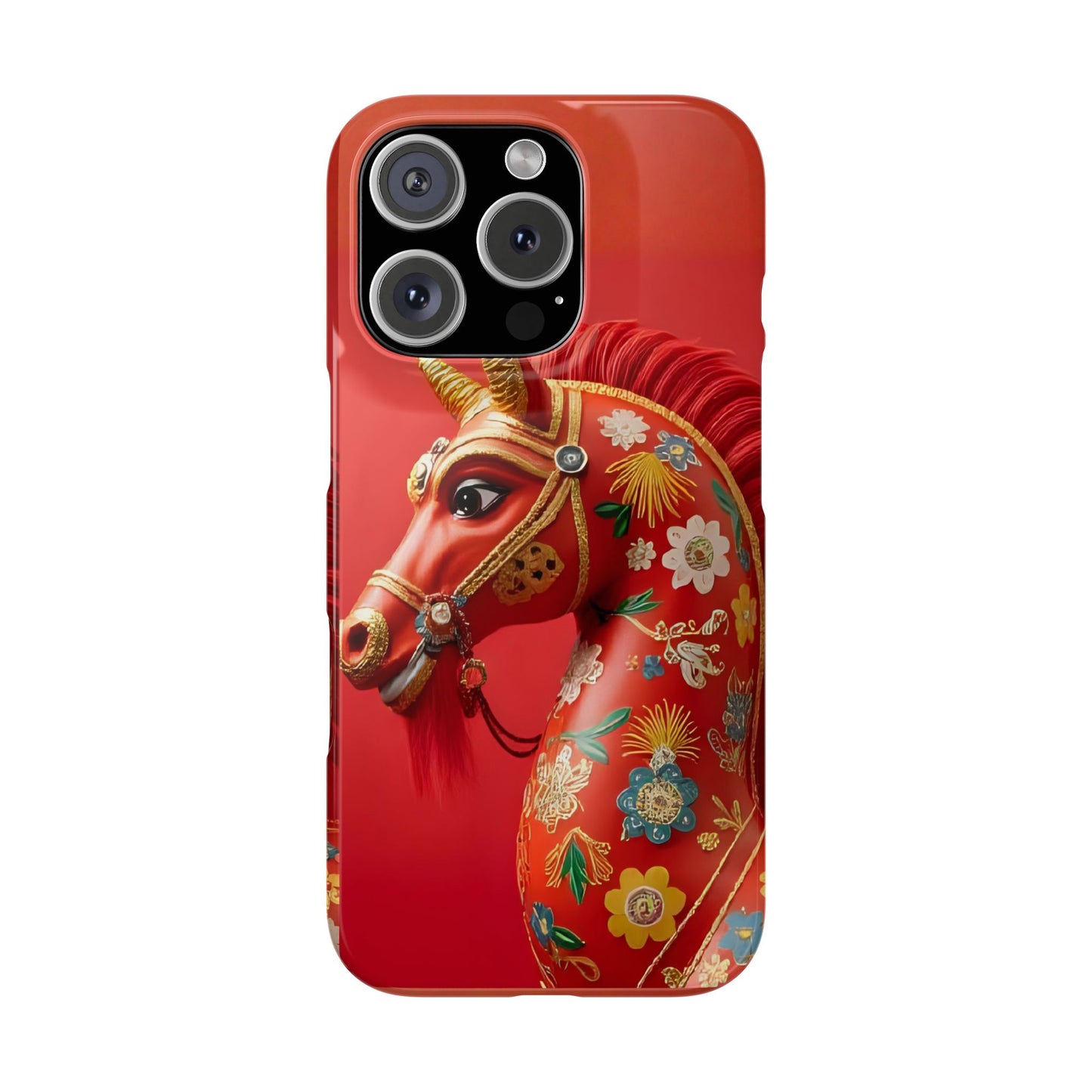 Year of the Horse Floral Art Slim Phone Case, Chinese Zodiac 2026 Design, compatible with iPhone 17 16 15 14 13 12 11