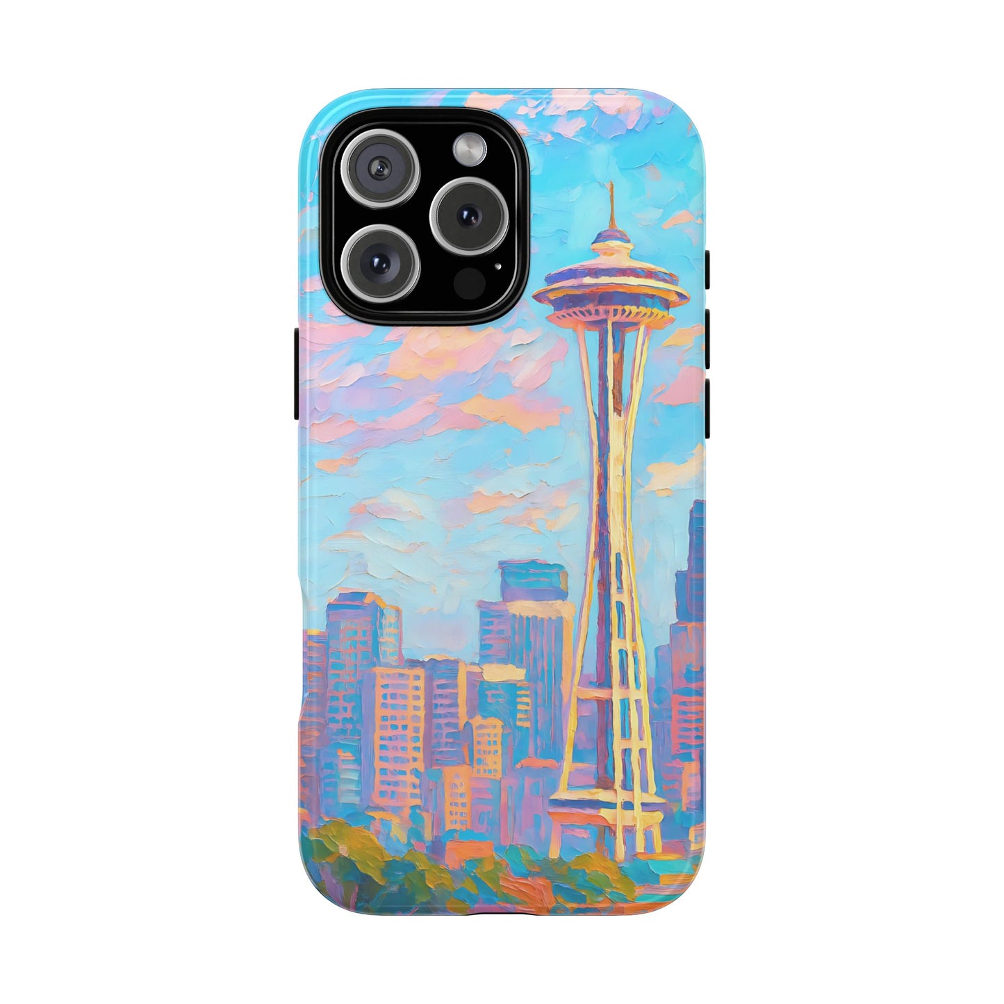 Cityscape Tough Phone Case, Seattle Skyline Art, Watercolor Day Design Compatible with iPhone, Galaxy, and Google