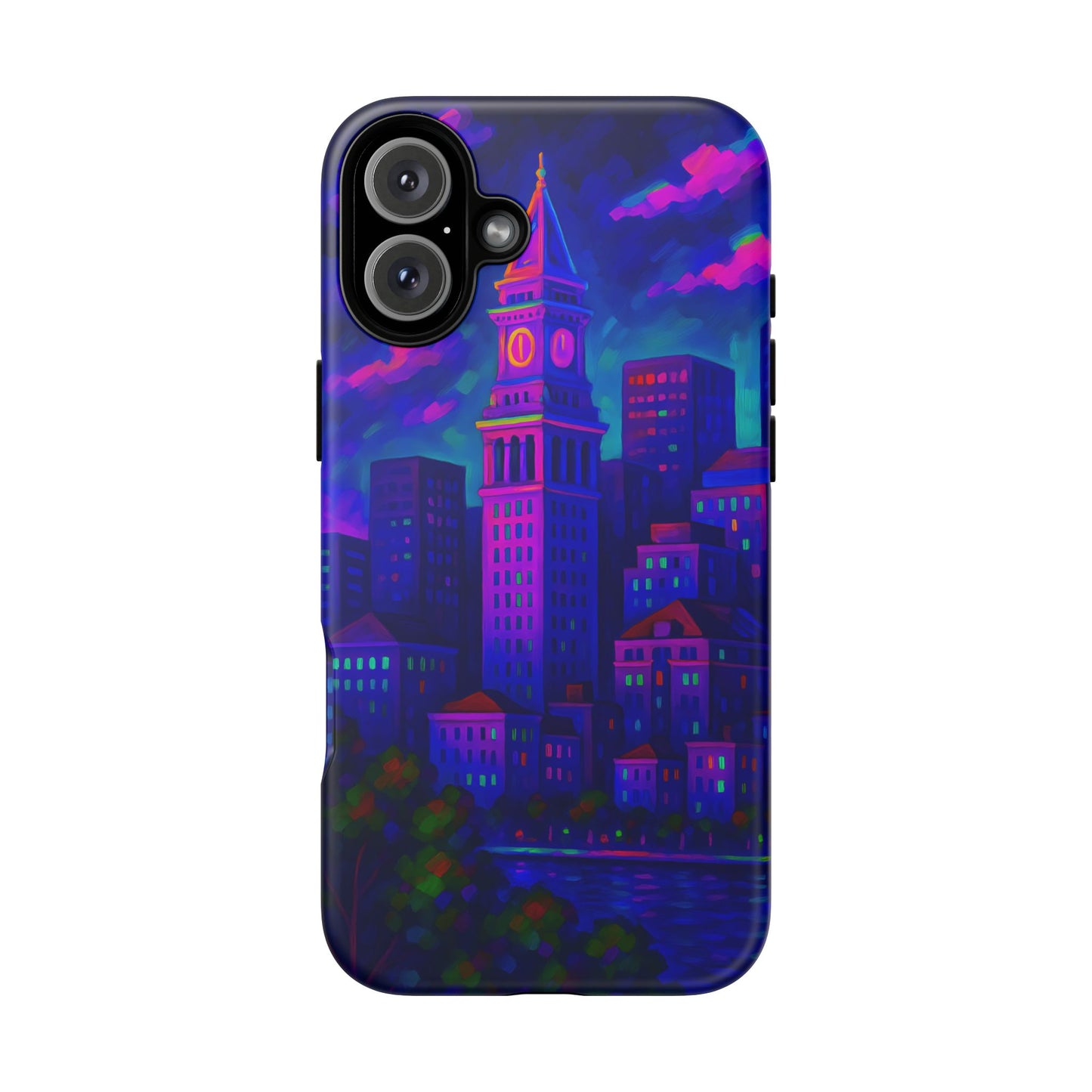 Boston Cityscape Tough Phone Case, Neon Night Skyline, Sunset Tower View Watercolor Urban Art, Compatible with iPhone, Galaxy, Google Phones