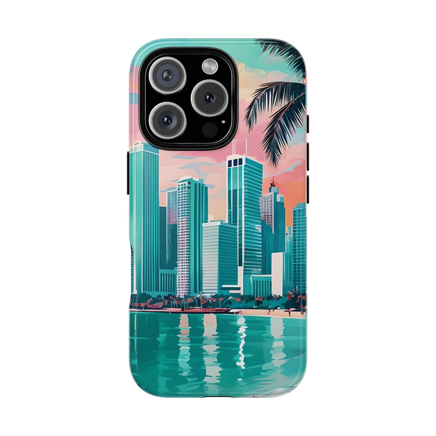 Miami Cityscape Phone Case - Tropical Skyline Tough Case, Sunset Beach Urban Art, Gift for Travelers Compatible with iPhone, Galaxy, Google
