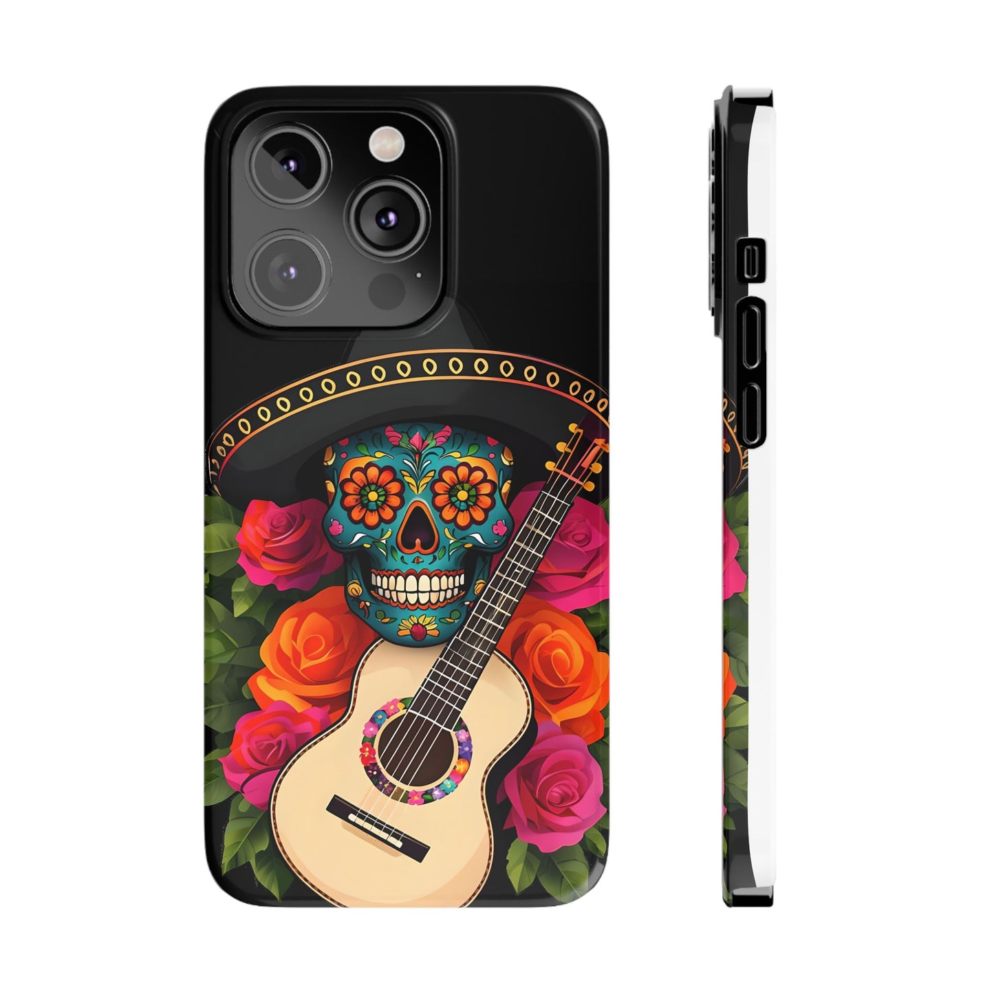 Mariachi Skull Slim Phone Case, Colorful Folk Aesthetic, Halloween Floral Skull Design, Gift for Mexican Culture Lovers