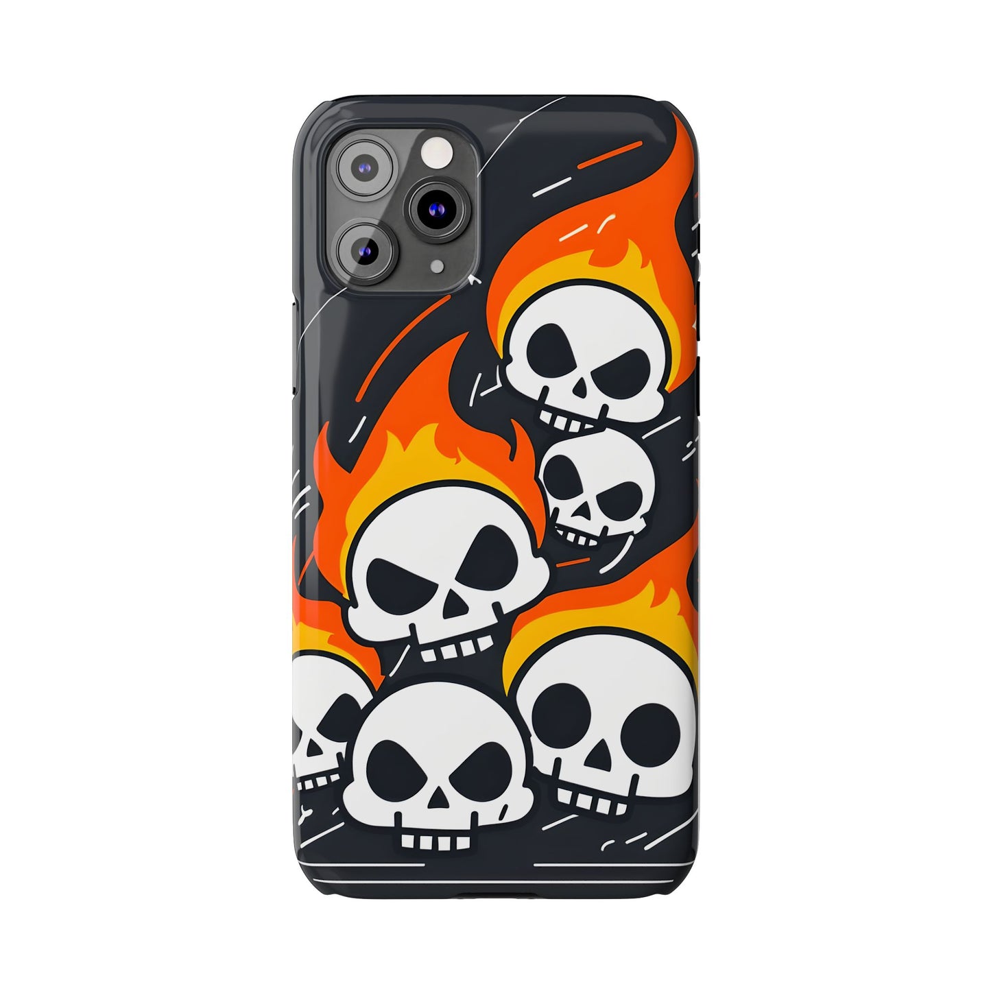 Flaming Skulls Slim Phone Case, Y2K Alt Halloween Aesthetic, Creepy Cute Cartoon Style, Stylish Music Lovers, Perfect Gift for Halloween