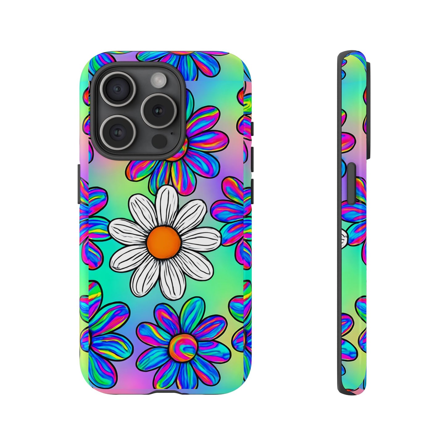 Trippy Daisy Tough Phone Case - Psychedelic Floral Design, Colorful Retro Aesthetic, Compatible with iPhone, Galaxy, and Google Phones