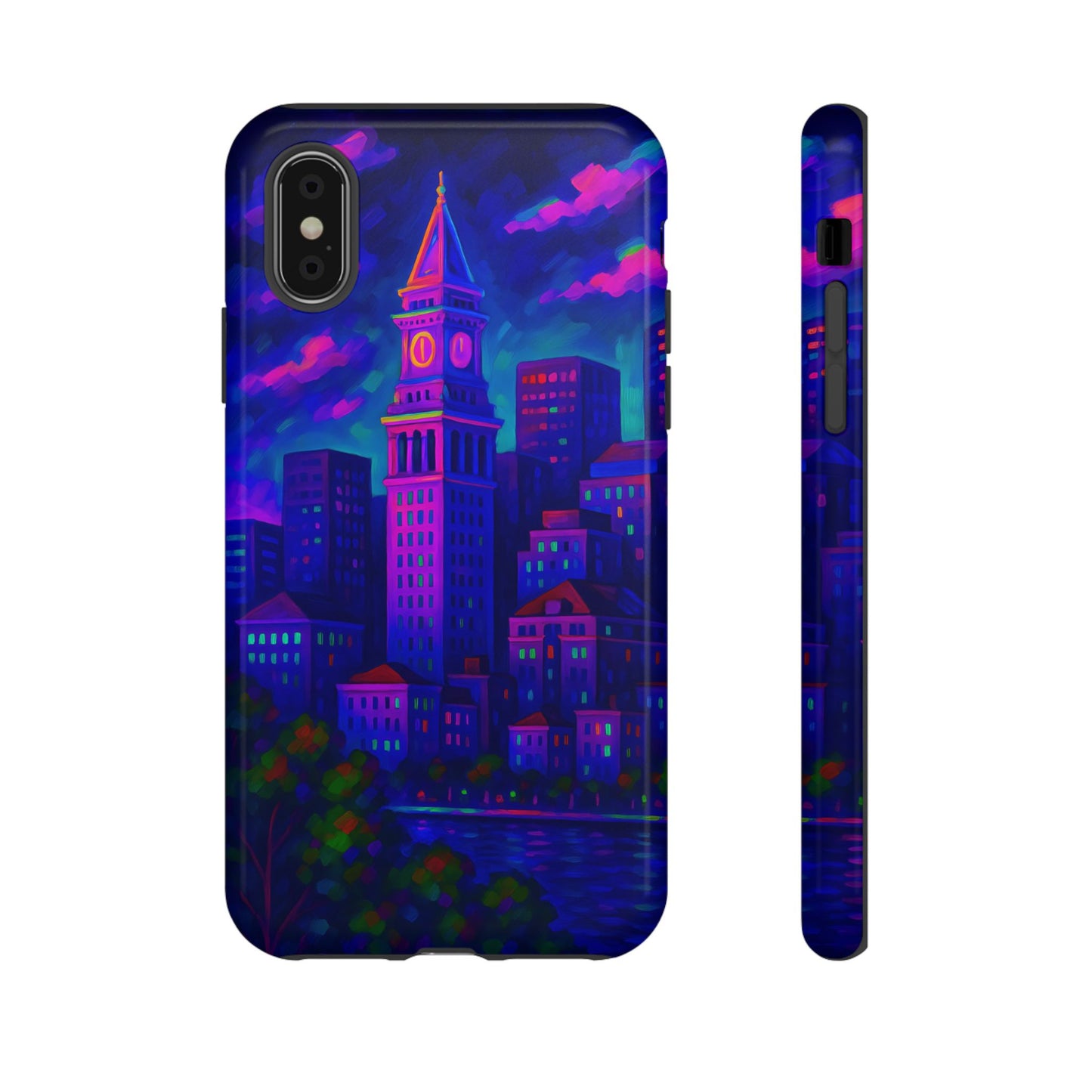 Boston Cityscape Tough Phone Case, Neon Night Skyline, Sunset Tower View Watercolor Urban Art, Compatible with iPhone, Galaxy, Google Phones